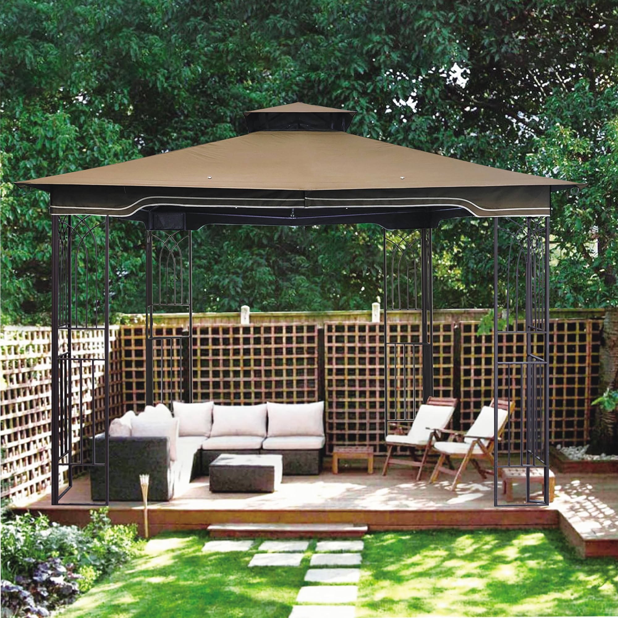 SCOCANOPY lifestyle backyard gazebo scene showing protected shaded seating