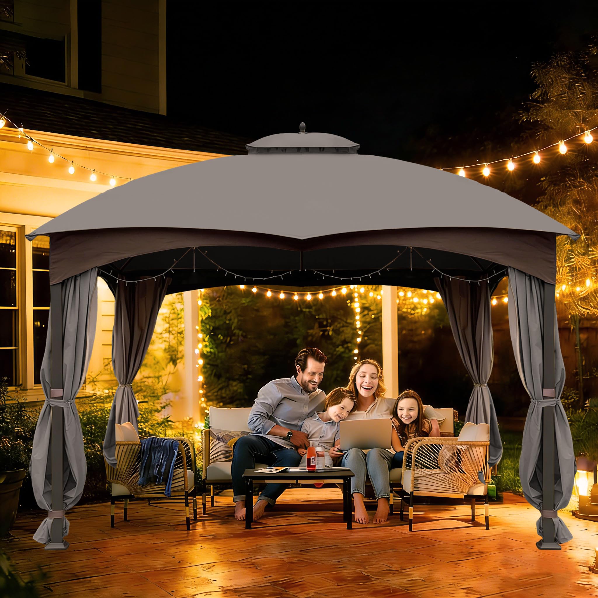 SCOCANOPY grey top in a backyard lifestyle scene showing improved shade and curb appeal