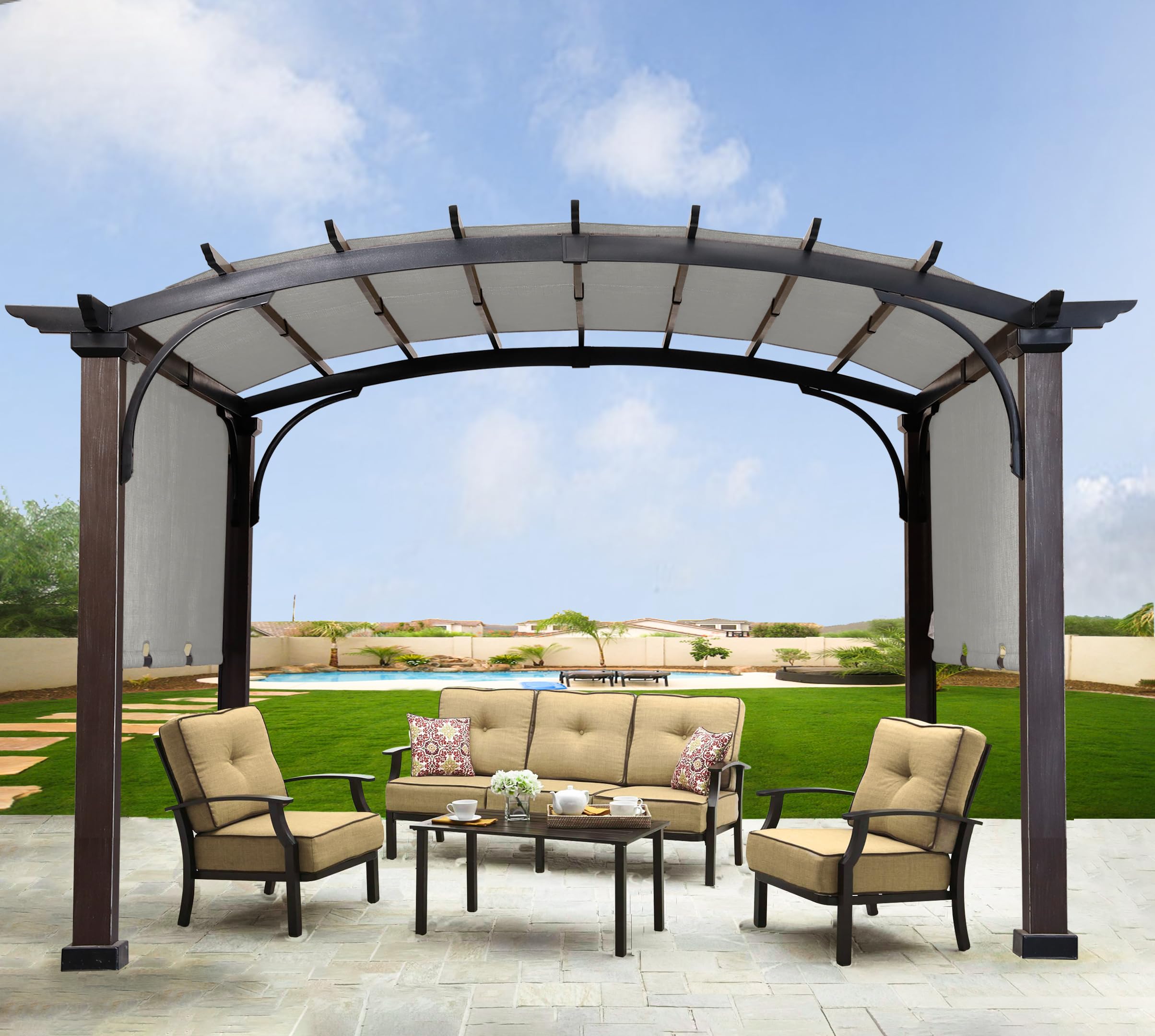 SCOCANOPY lifestyle patio setting showing light-gray canopy enhancing outdoor comfort and style