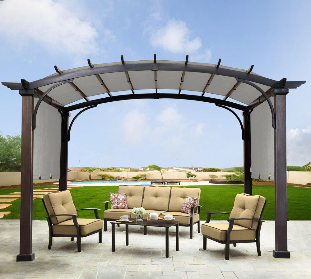 SCOCANOPY lifestyle patio setting showing light-gray canopy enhancing outdoor comfort and style