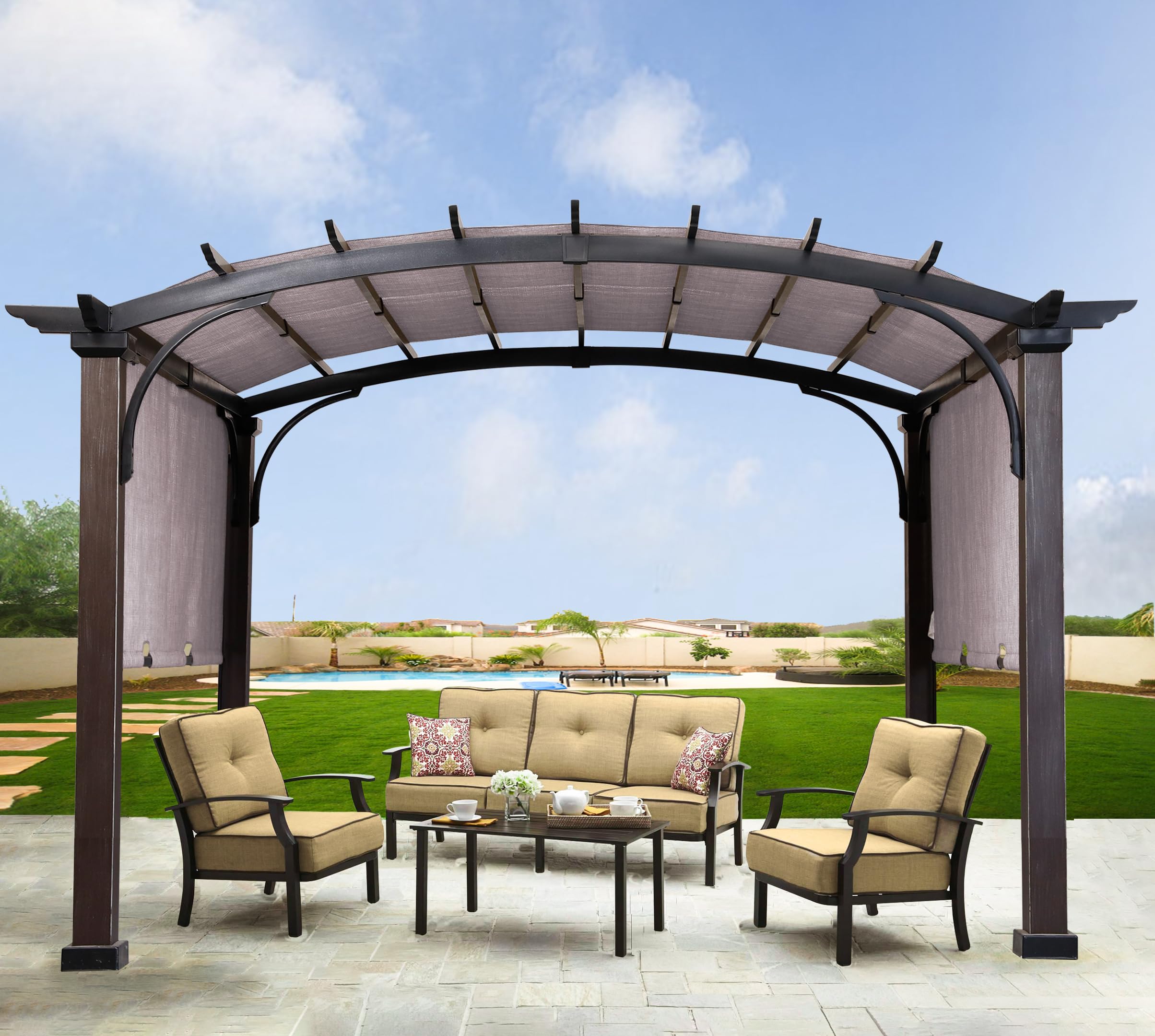SCOCANOPY lifestyle patio shade setting showing comfortable outdoor shelter