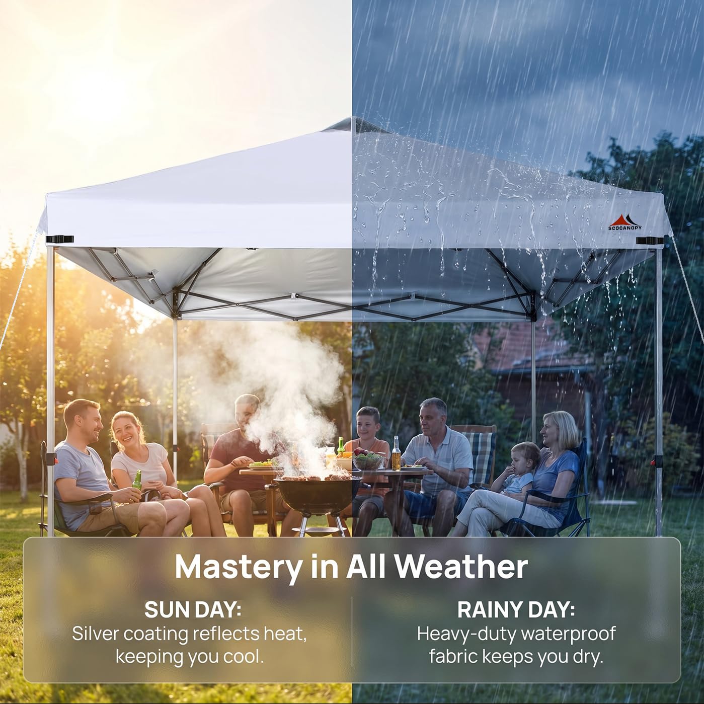 SCOCANOPY shedding rainwater from canopy surface to illustrate waterproof performance
