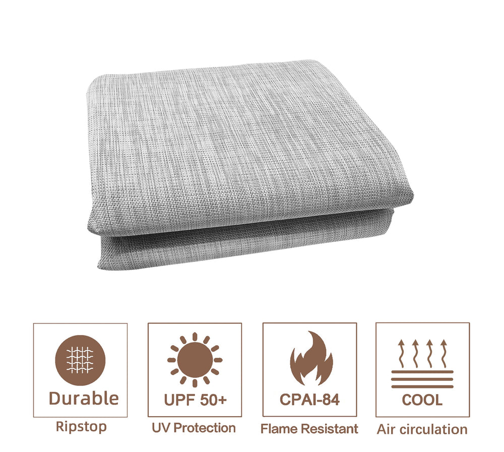 SCOCANOPY size comparison beside patio chair illustrating 200x103 inch coverage and scale