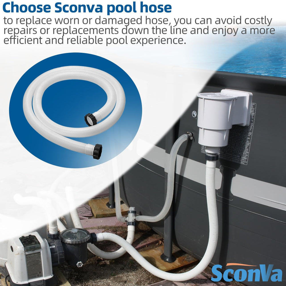 Sconva hose in backyard pool setting showing tidy setup and reliable filtration