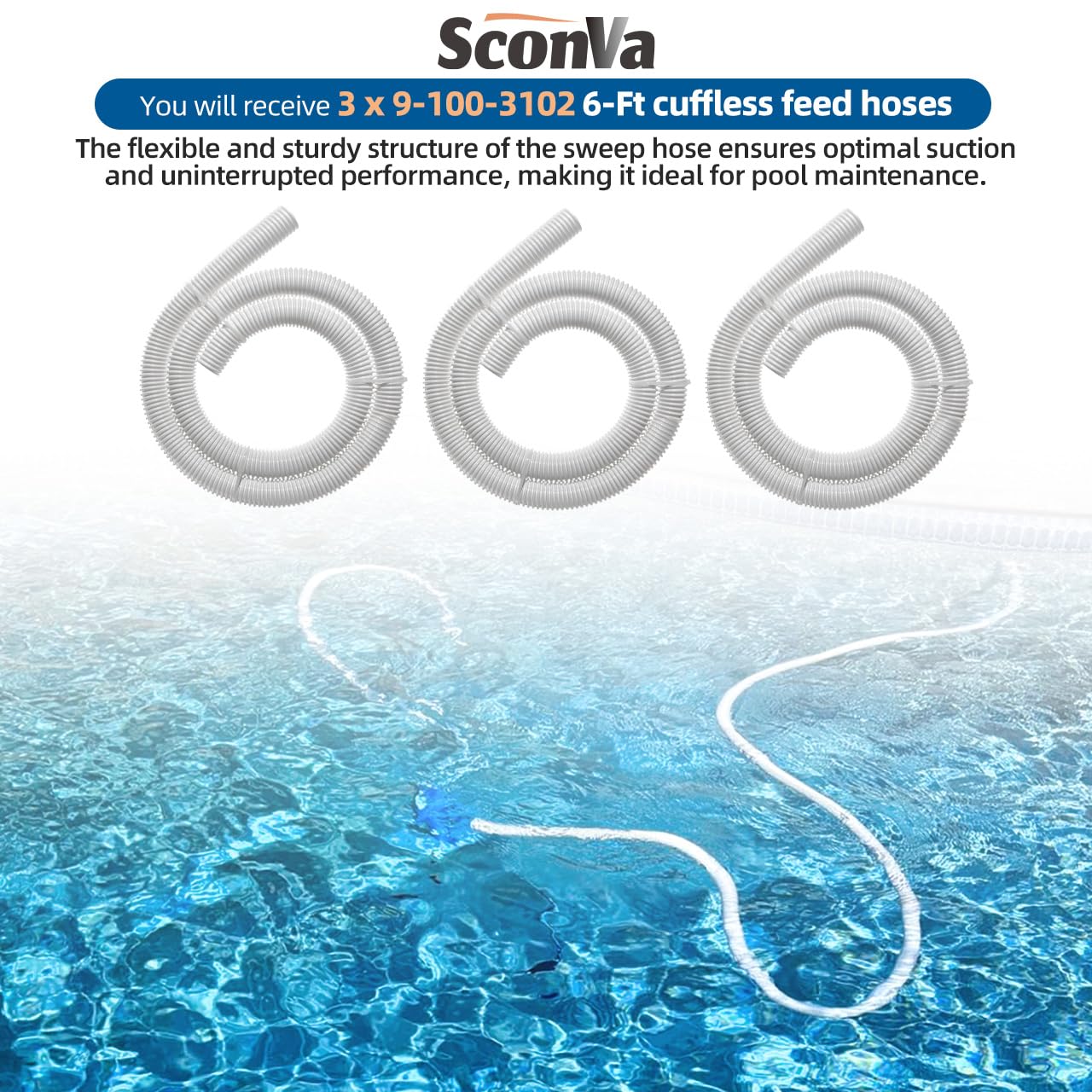 Sconva hose in-use with pool cleaner moving across inground pool illustrating improved suction