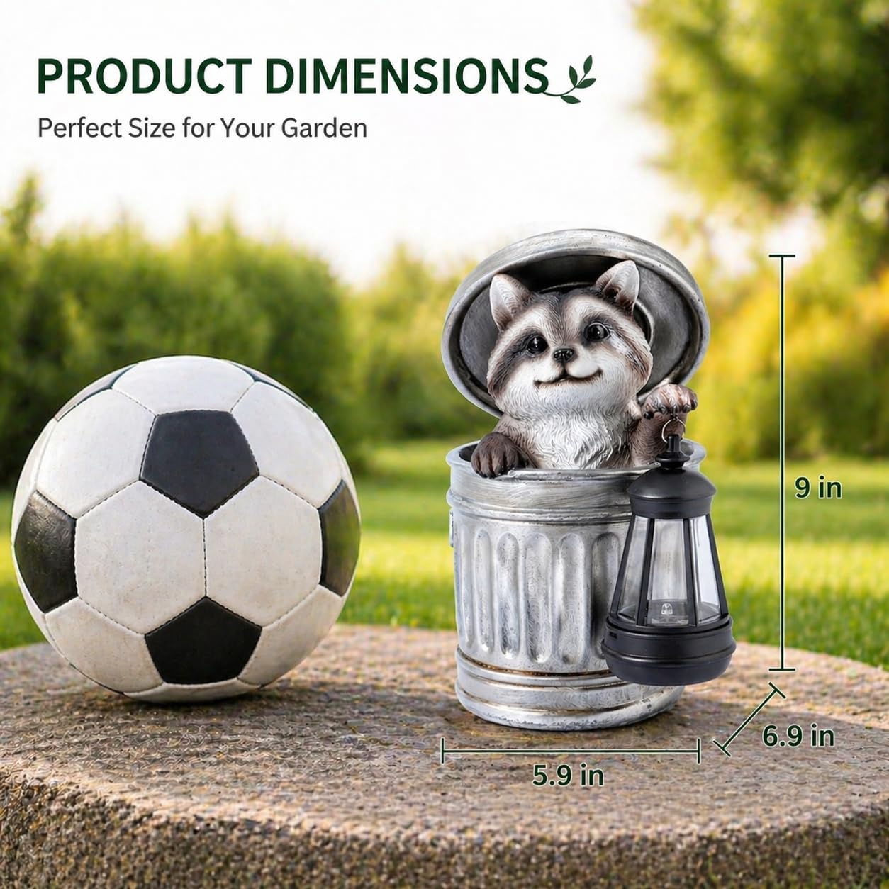 Scoomor raccoon placed in flower bed adding whimsical garden charm
