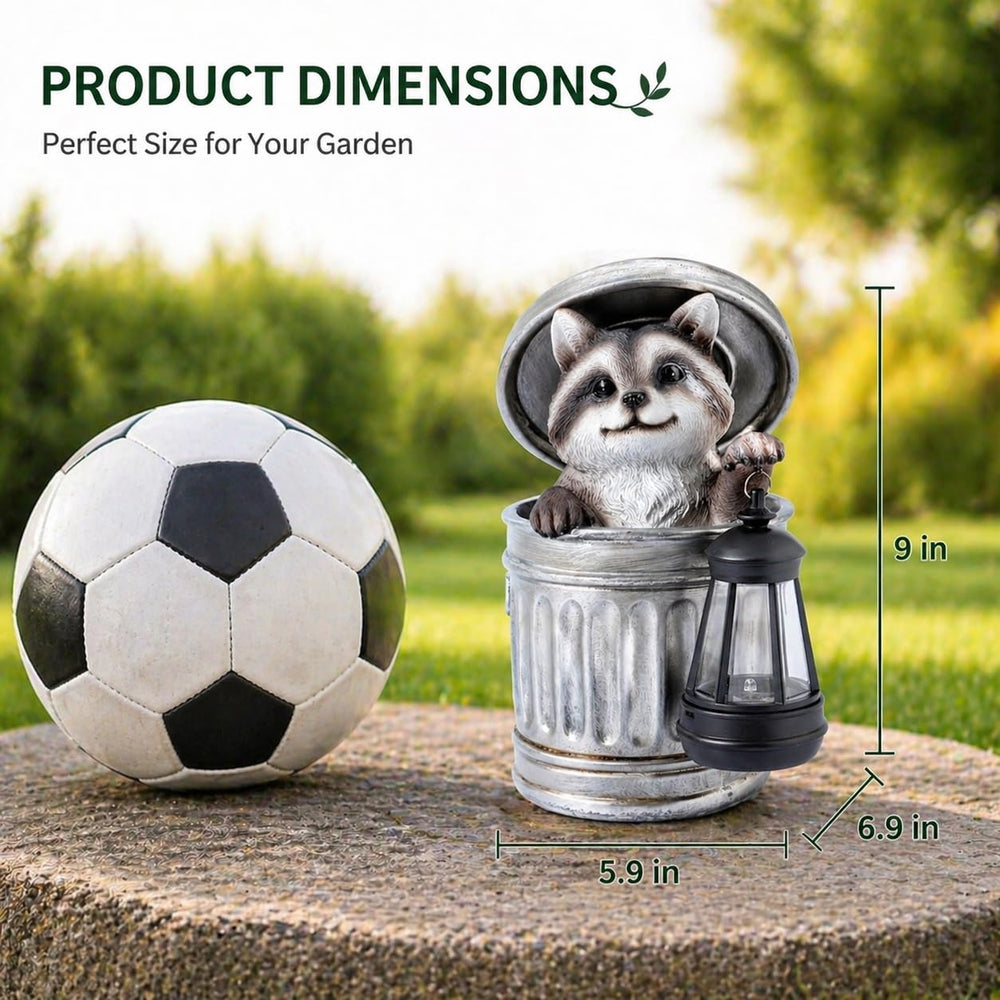 Scoomor raccoon placed in flower bed adding whimsical garden charm