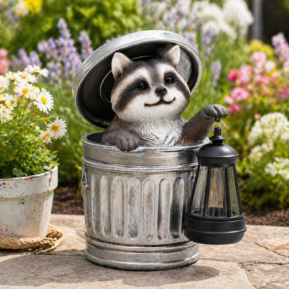 Scoomor raccoon lantern lit at night providing warm pathway glow