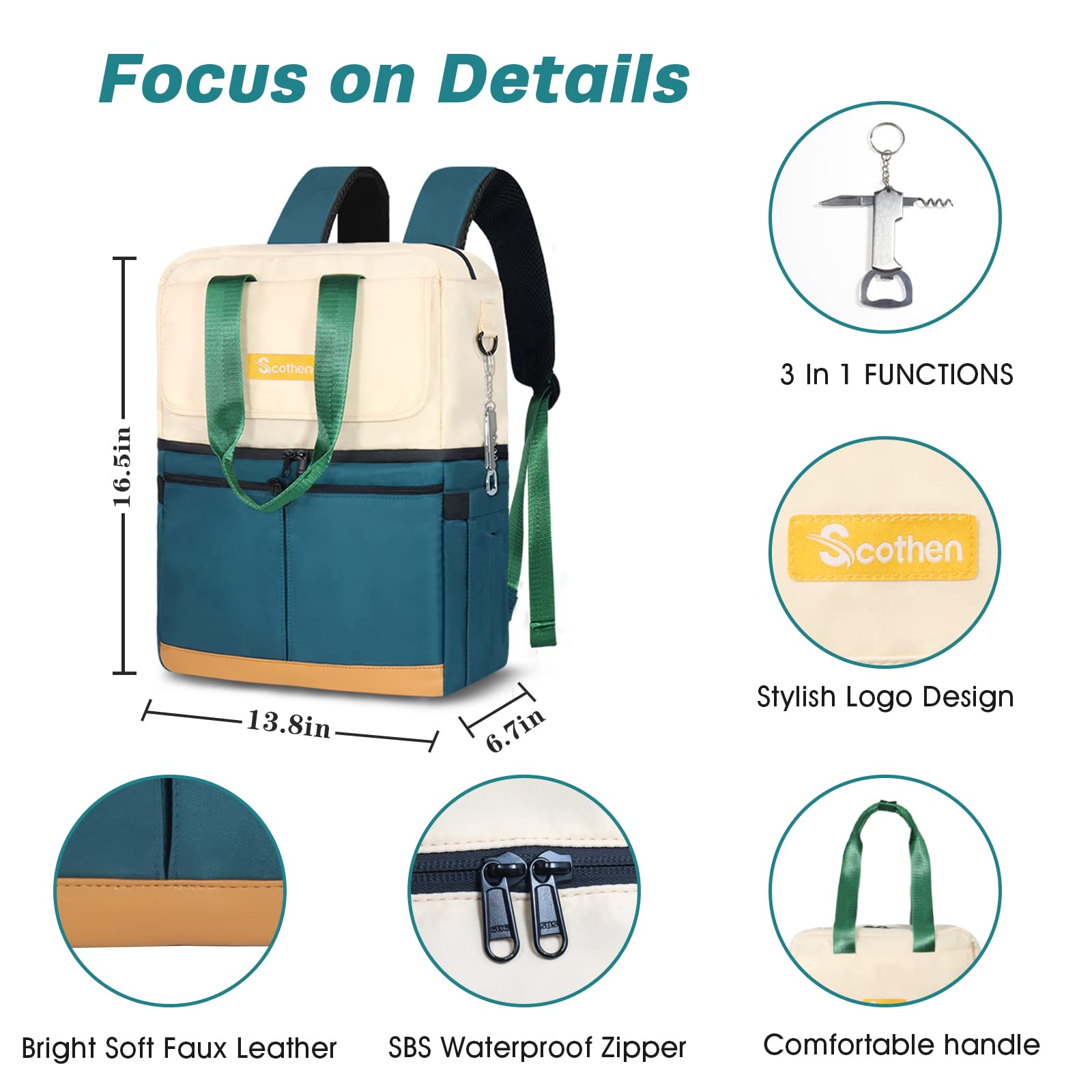 Scothen close-up waterproof zipper and ripstop fabric, protects contents from spills