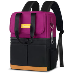 Scothen front view of insulated cooler backpack showing organized compartments and style