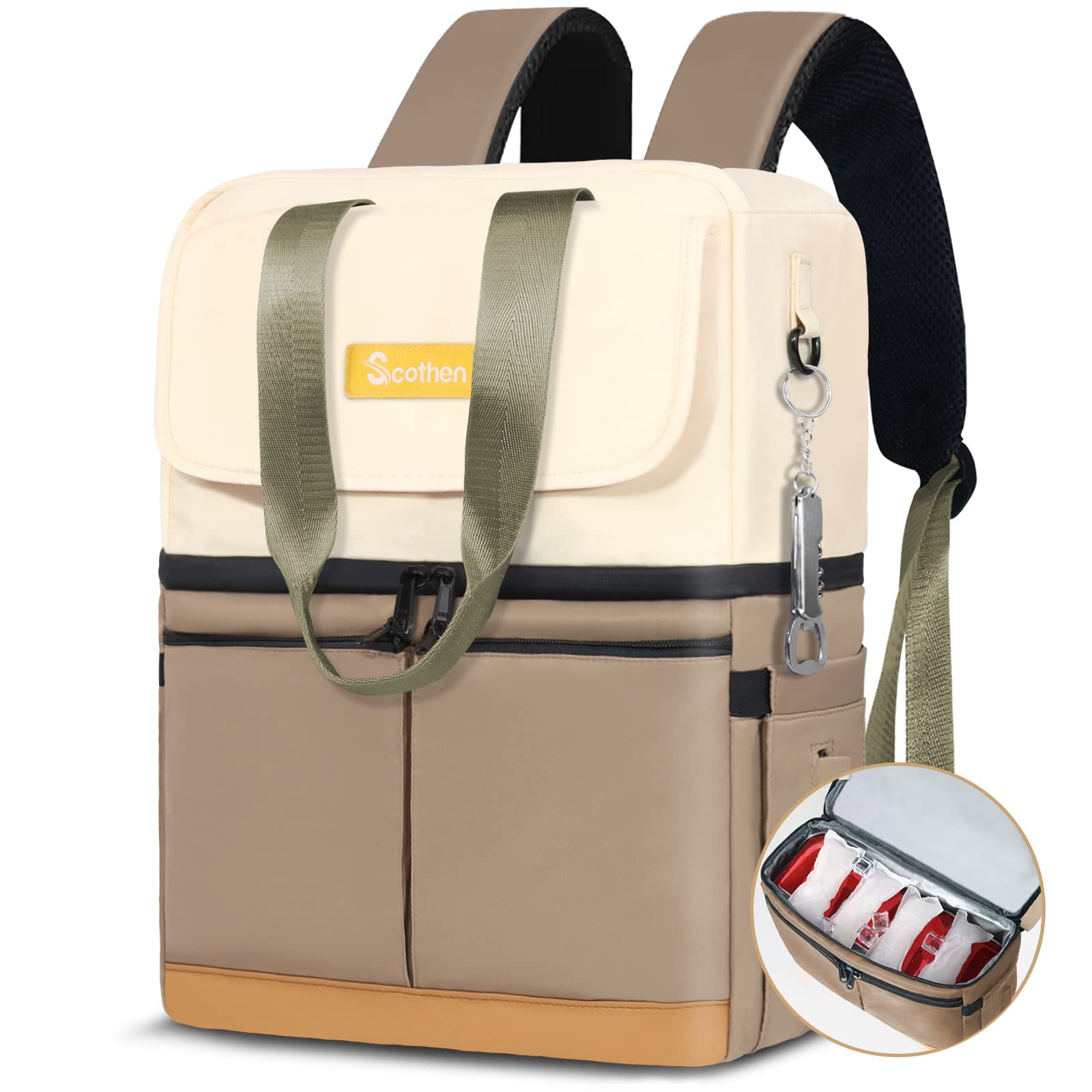 Scothen front view showing stylish cooler backpack and convenient pockets