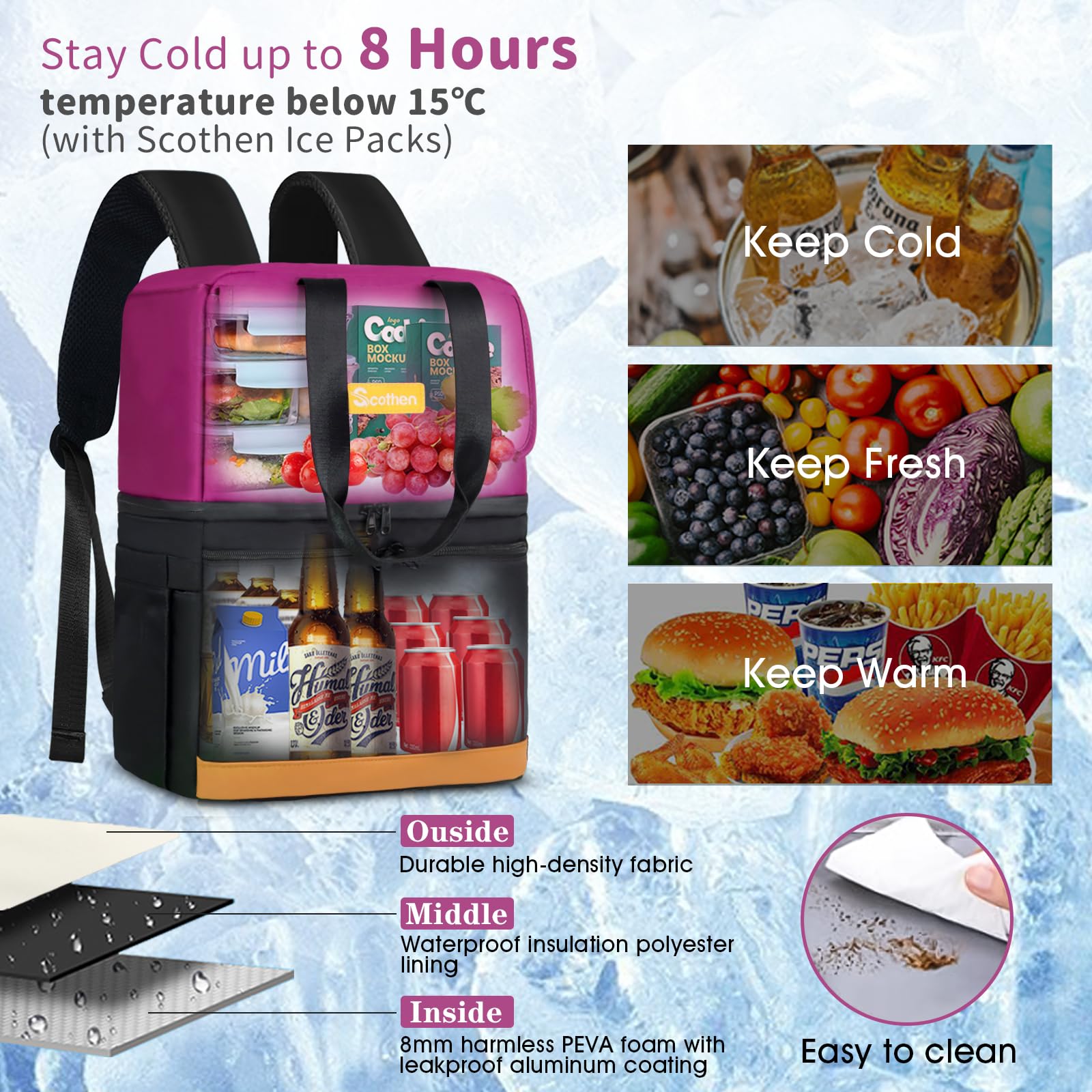 Scothen twelve reusable ice packs with chilled drinks demonstrating cooling benefit