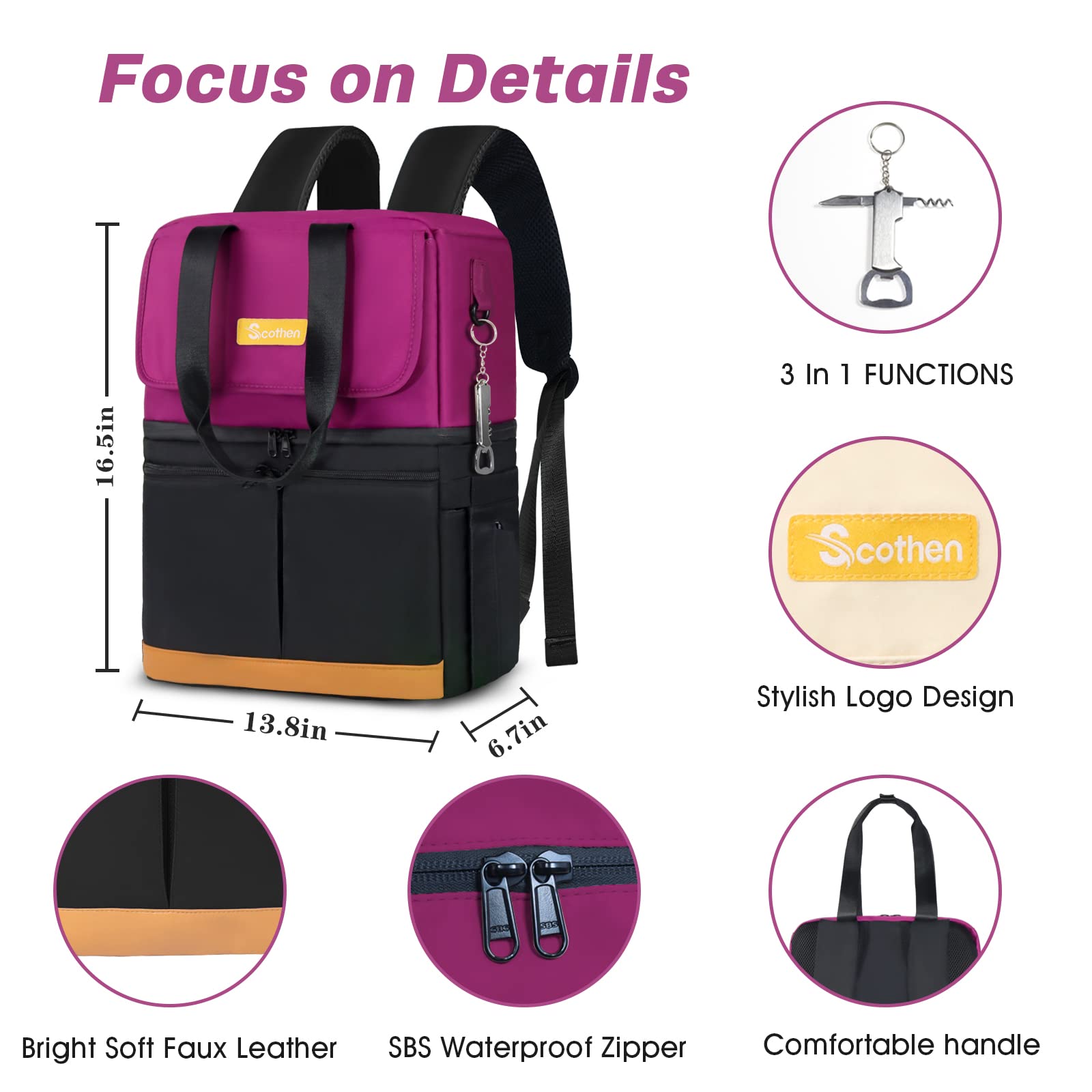 Scothen side pocket and 3-in-1 bottle opener detail for on-the-go convenience