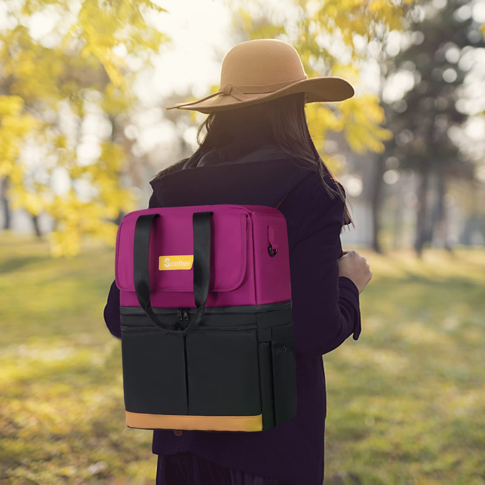 Scothen next to carry-on suitcase showing scale and trolley sleeve convenience