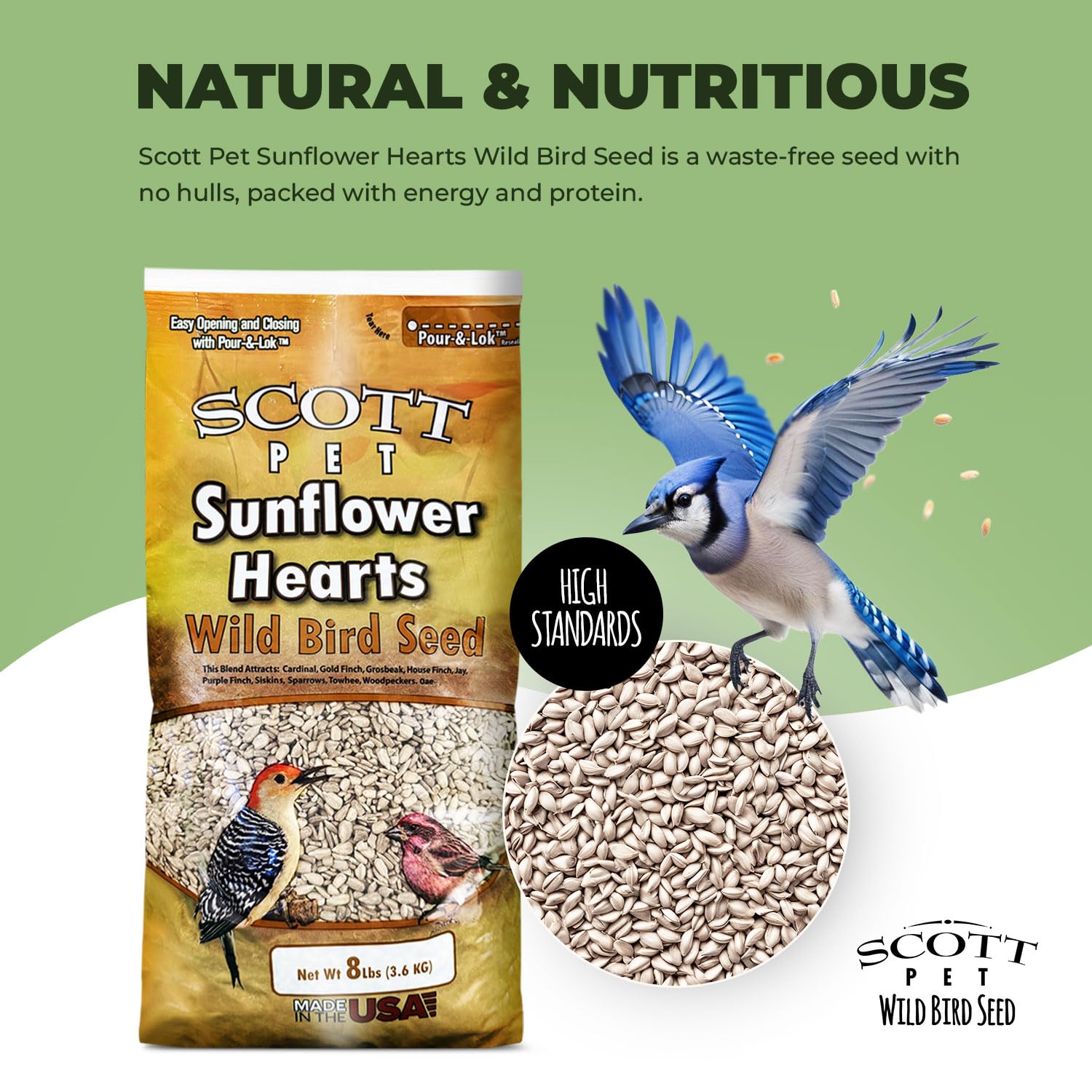 Scott Pet close-up of hulled sunflower hearts showing texture and high-protein appeal