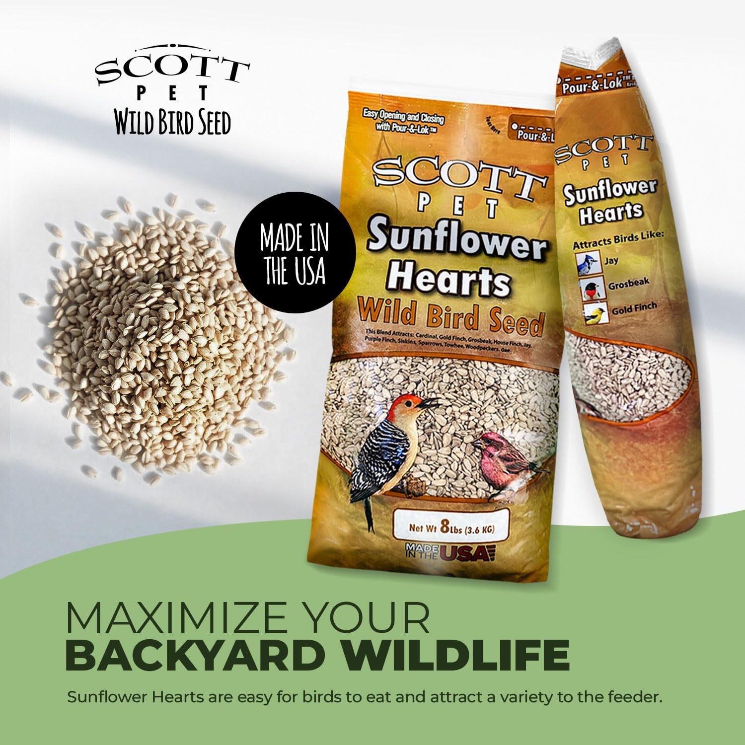 Scott Pet sunflower hearts loaded in a platform feeder attracting multiple species quickly