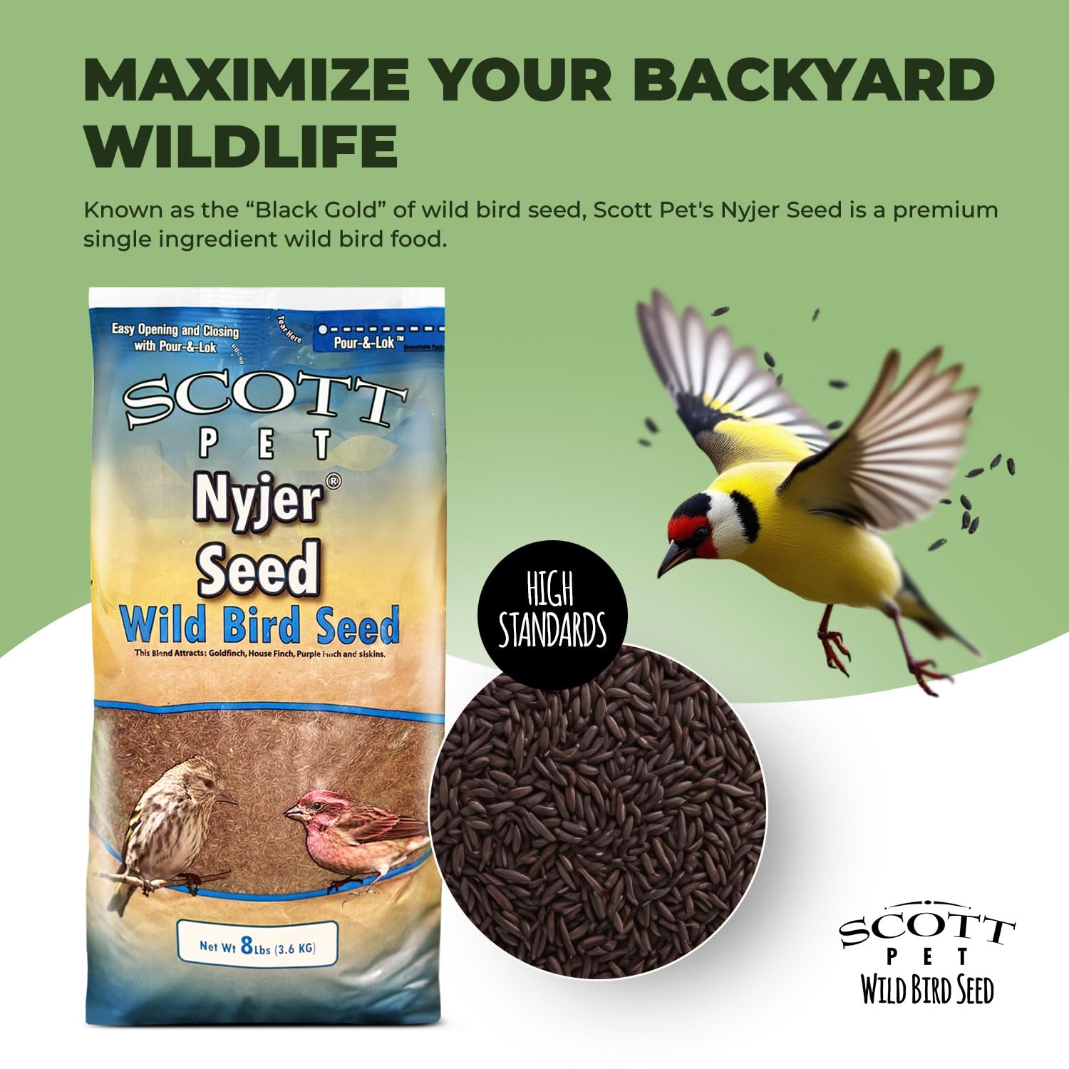 Scott Pet close-up of nyjer kernels displaying small size and nutrition