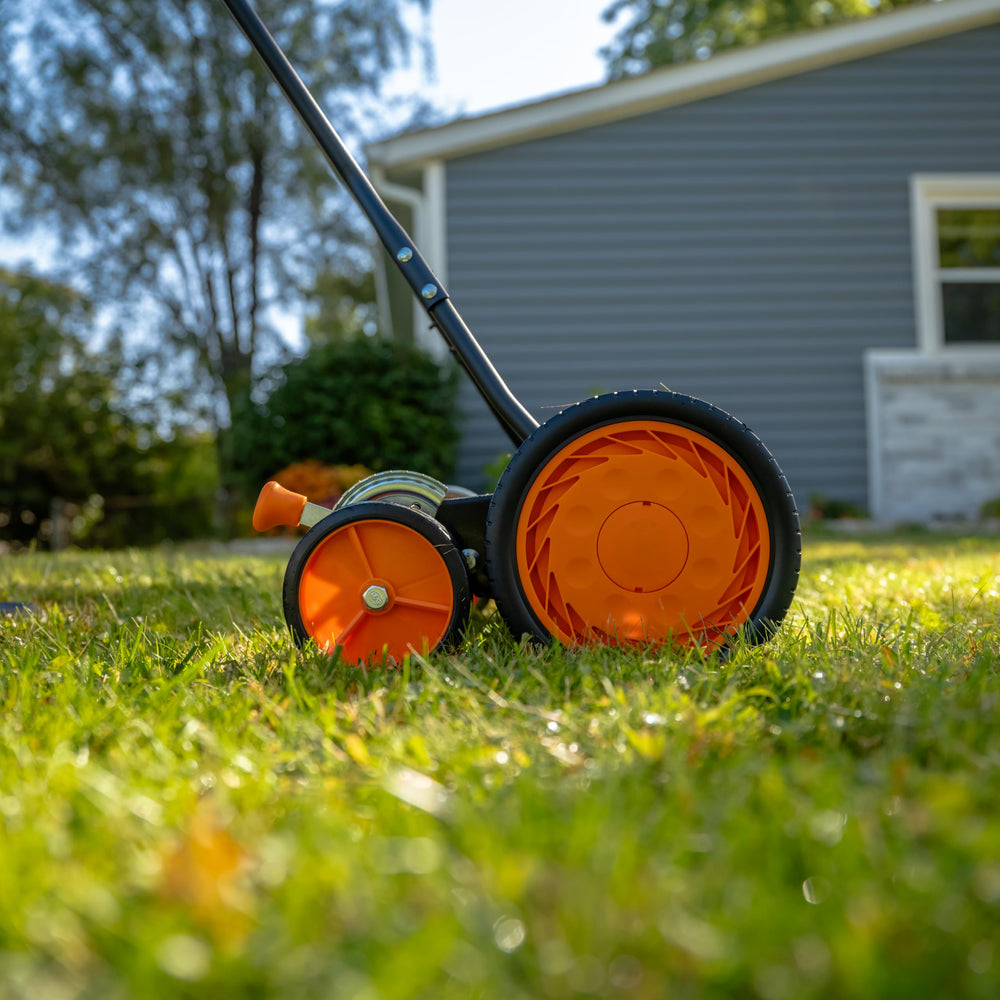 Scotts 10-inch dual-tracking wheel detail for stable straight mowing