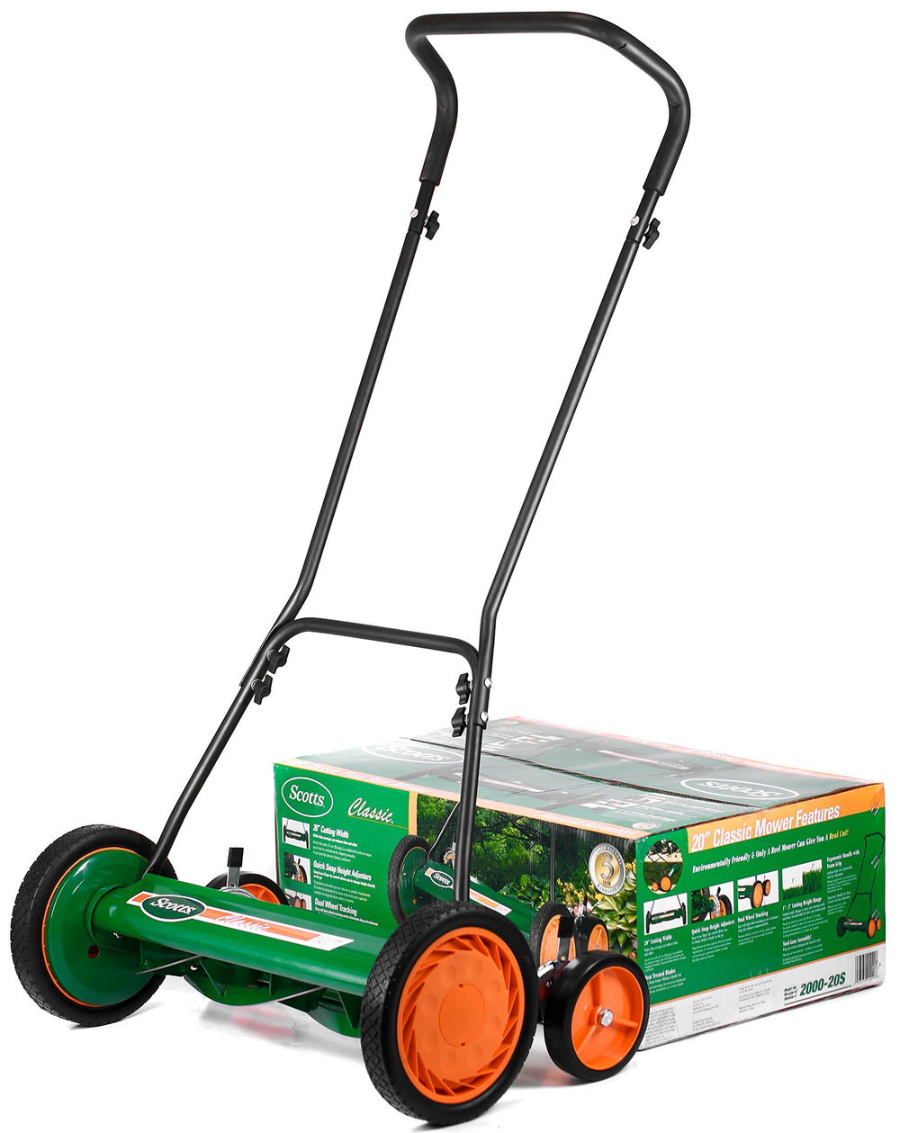 Scotts mower in use on green lawn illustrating quiet, gas-free operation benefit