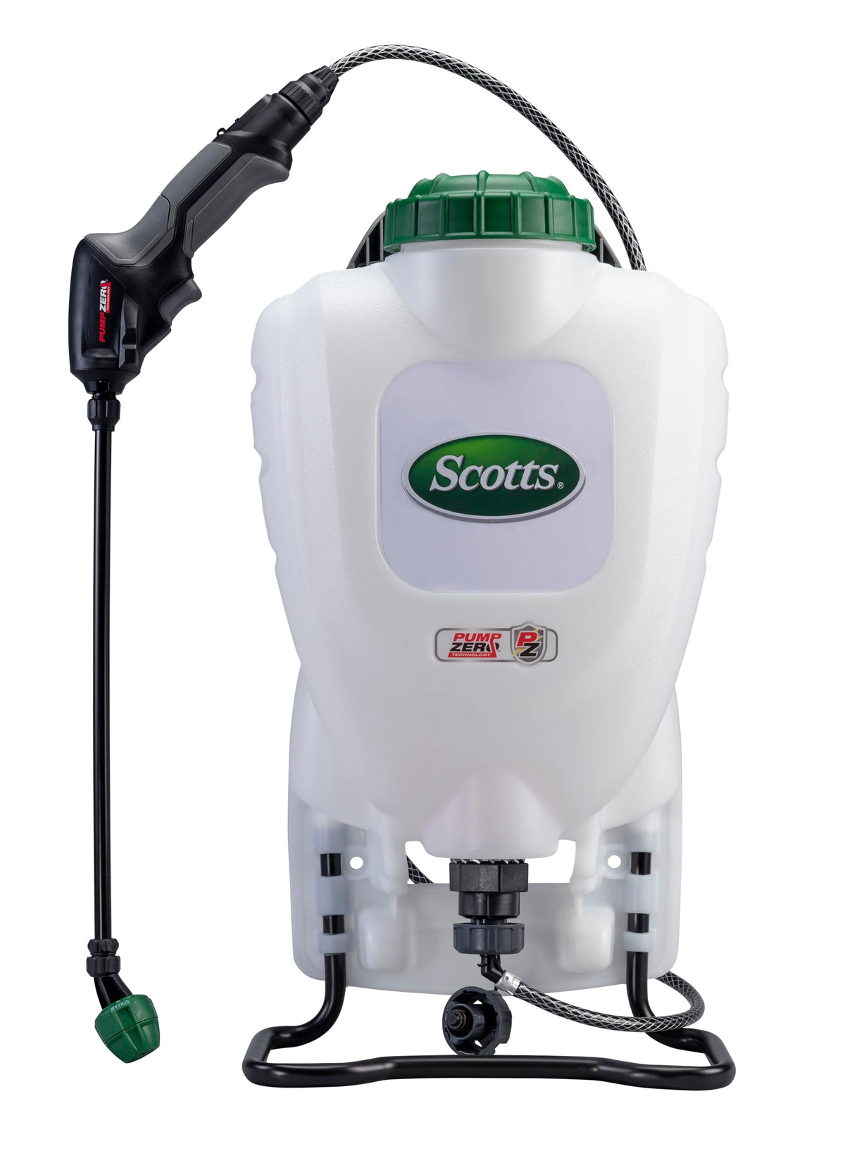 Scotts backpack sprayer front view showing compact tank and wand for easier spraying