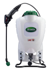 Scotts backpack sprayer front view showing compact tank and wand for easier spraying
