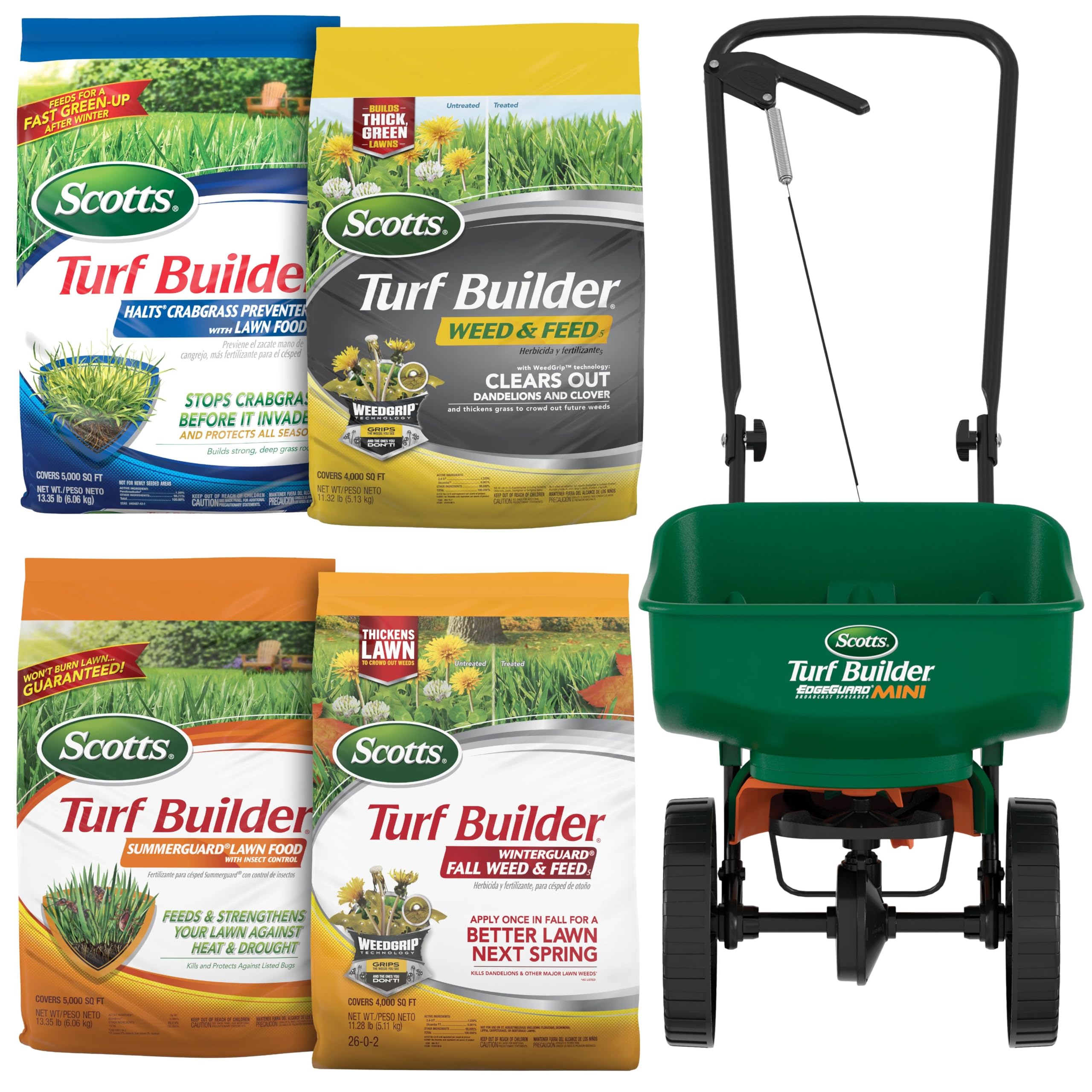 Scotts bundle front packaging showing all included seasonal products and spreader benefit
