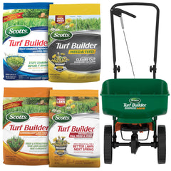 Scotts bundle front packaging showing all included seasonal products and spreader benefit