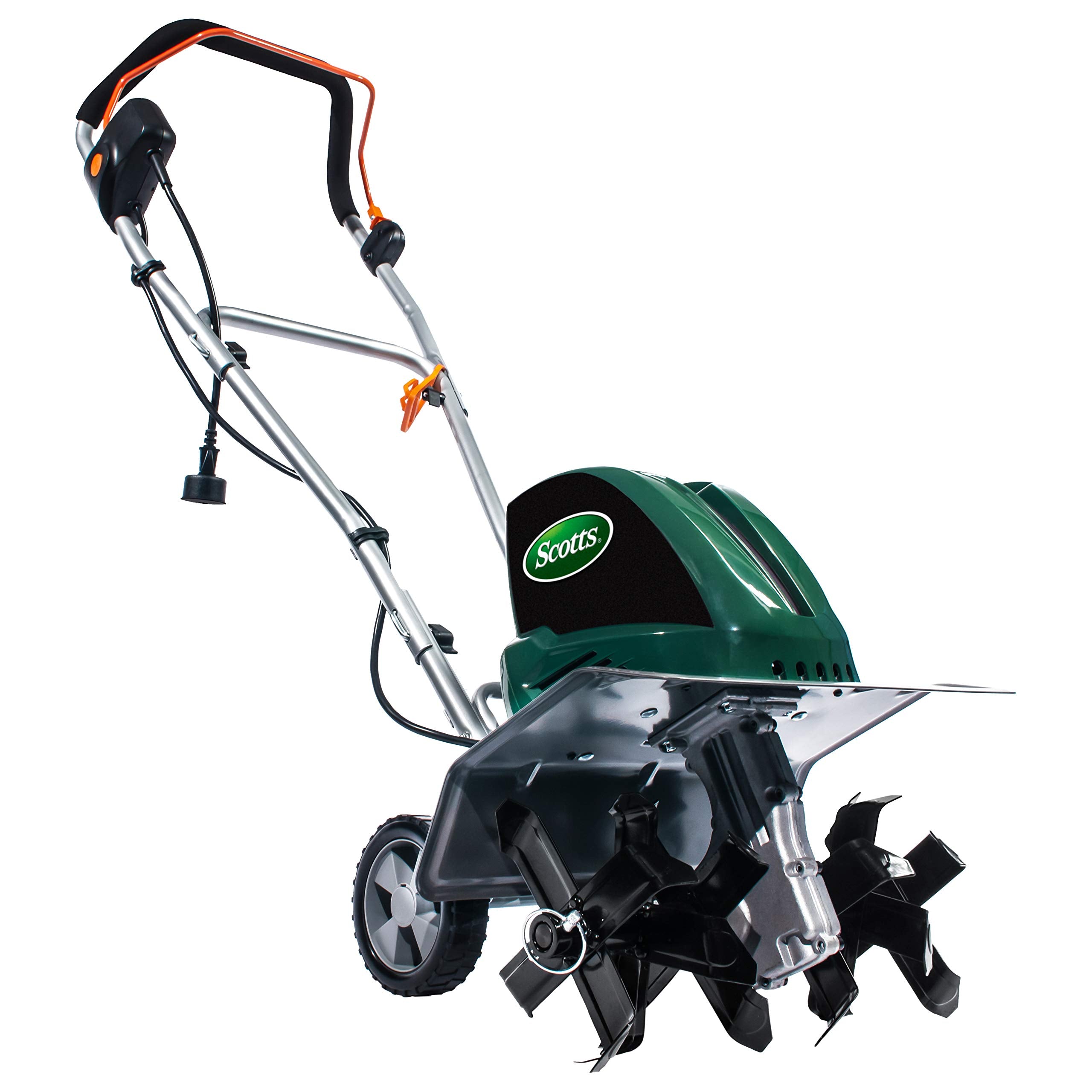 Scotts front overview of tiller showing compact design and easy maneuvering benefit