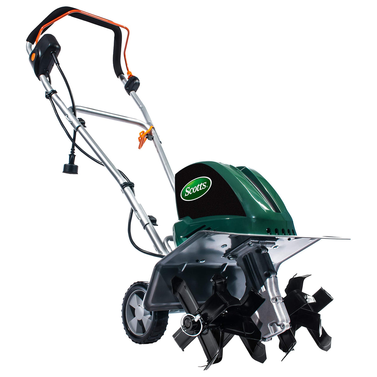 Scotts front overview of tiller showing compact design and easy maneuvering benefit