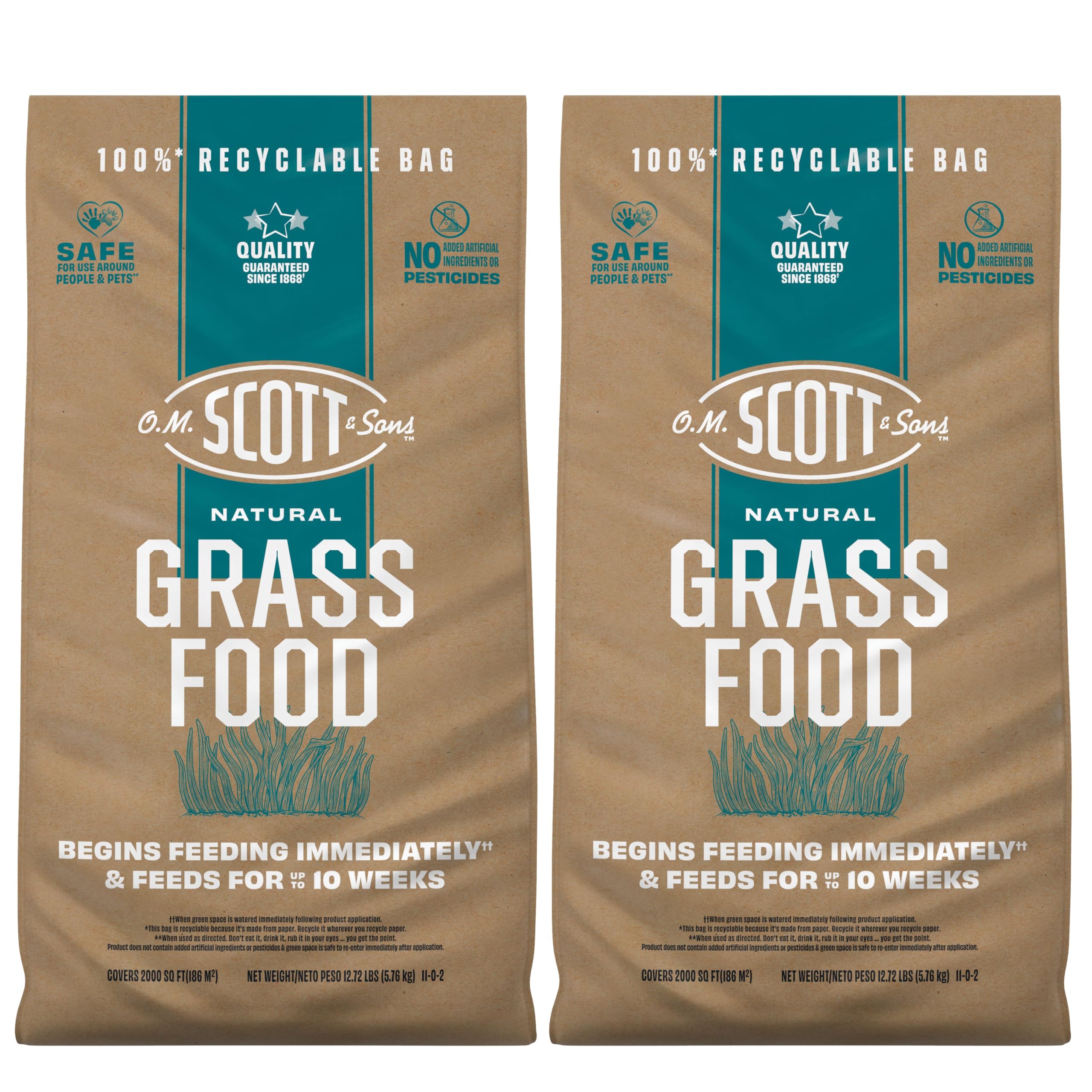 Scotts O.M. Scott front packaging showing natural grass food benefits