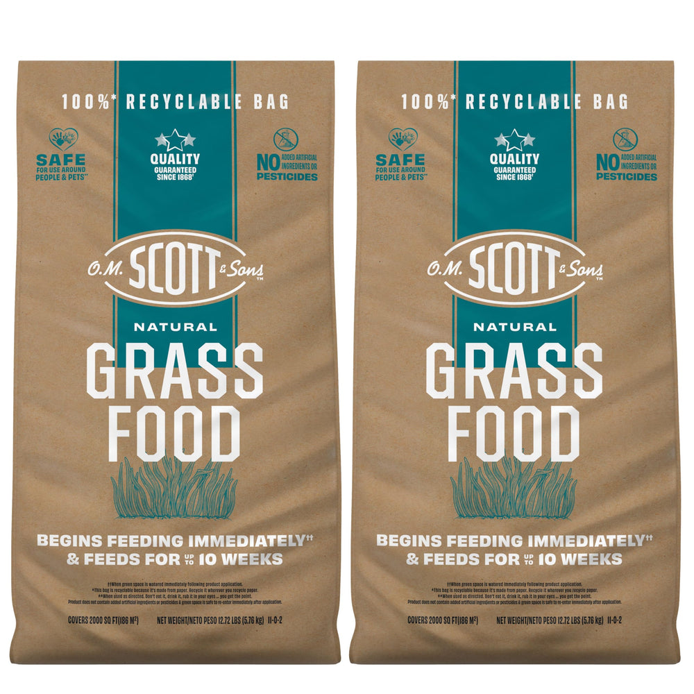 Scotts O.M. Scott front packaging showing natural grass food benefits