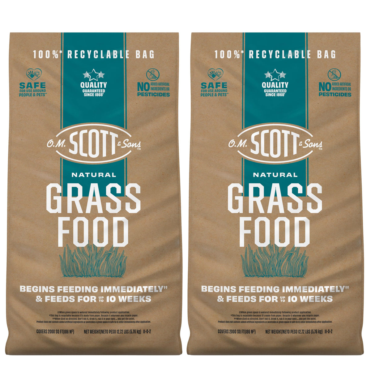 Scotts O.M. Scott front packaging showing natural grass food benefits