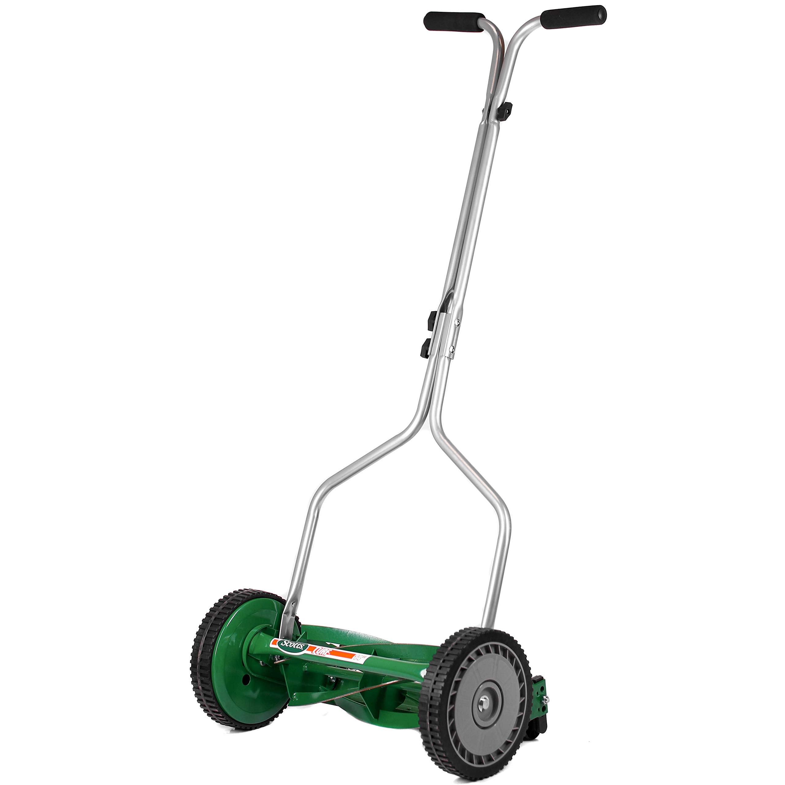 Scotts front view of 14-inch reel mower showing compact design and easy storage benefit