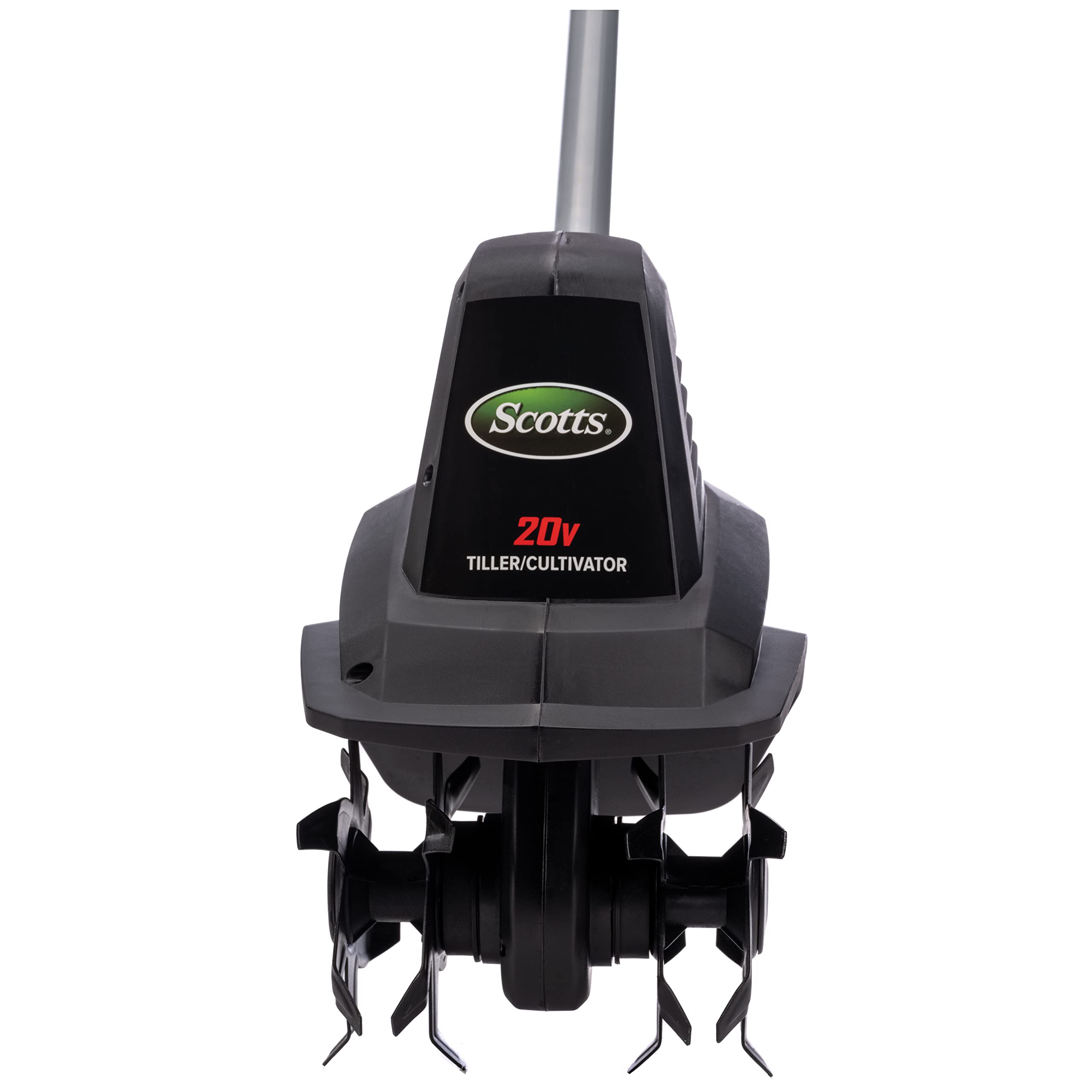 Scotts product label with specs showing 20V battery and tilling dimensions
