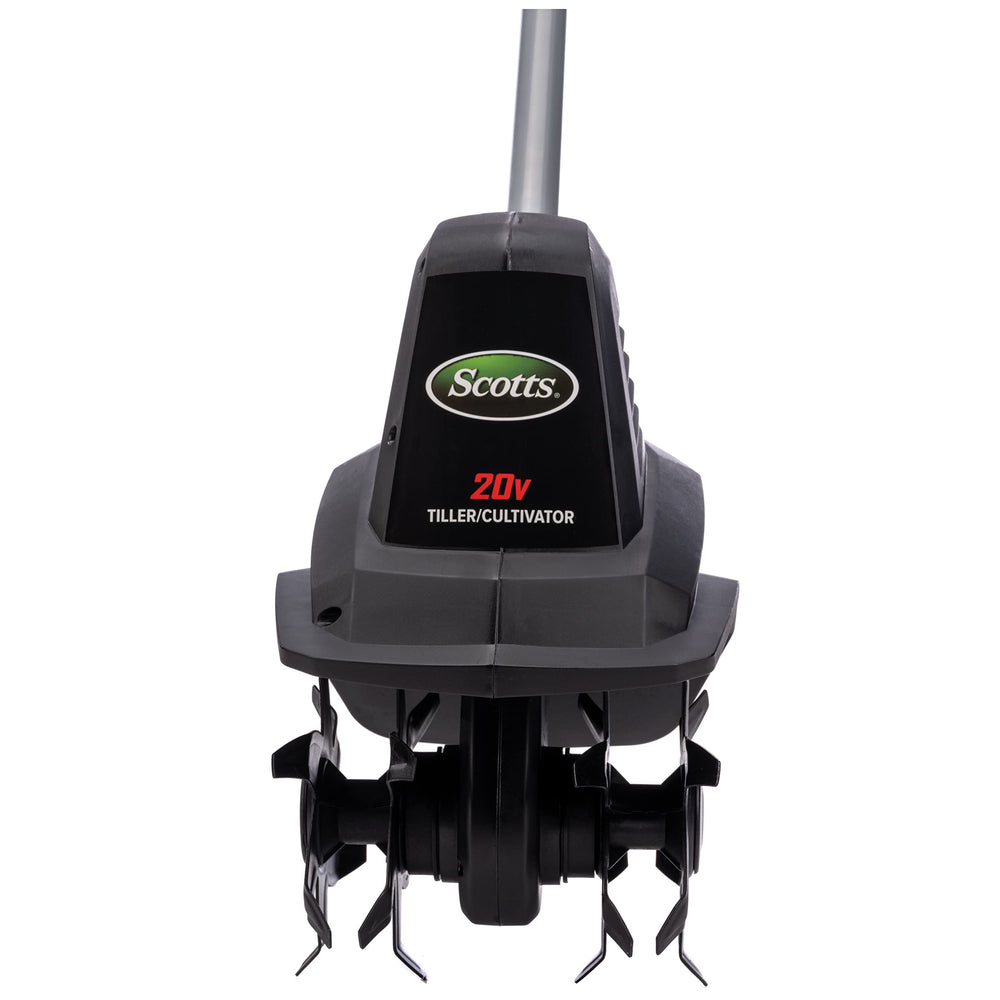 Scotts product label with specs showing 20V battery and tilling dimensions
