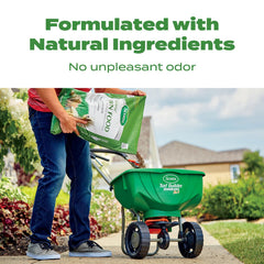 Scotts natural lawn food in a yard with children and dog showing safe-use benefit