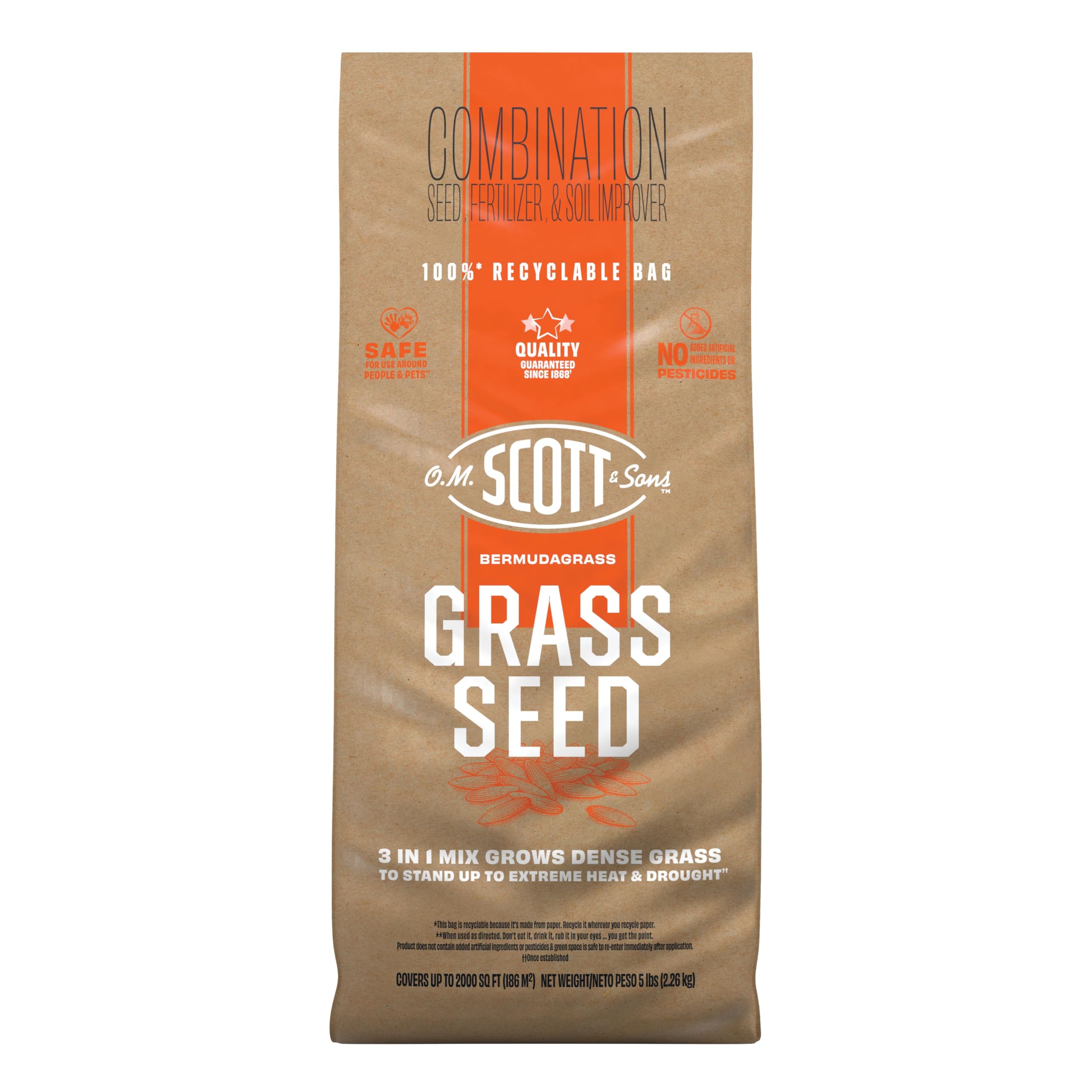Scotts O.M. Scott & Sons front packaging showing product and coverage benefits