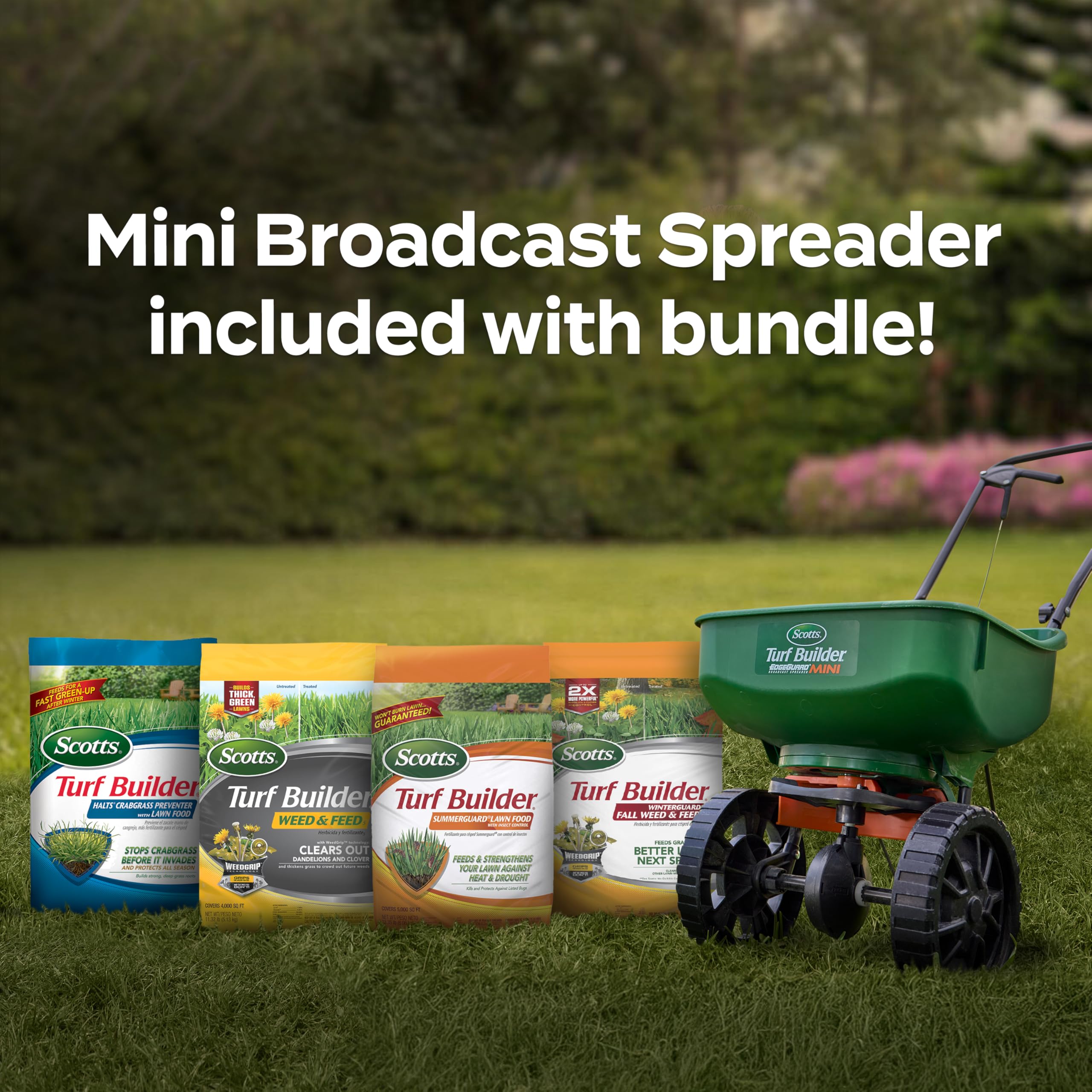 Scotts products laid out on grass illustrating full seasonal system benefit for small yards