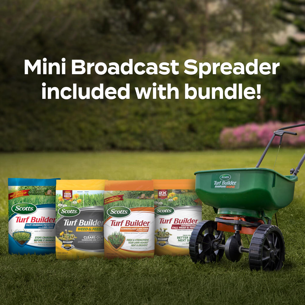 Scotts products laid out on grass illustrating full seasonal system benefit for small yards