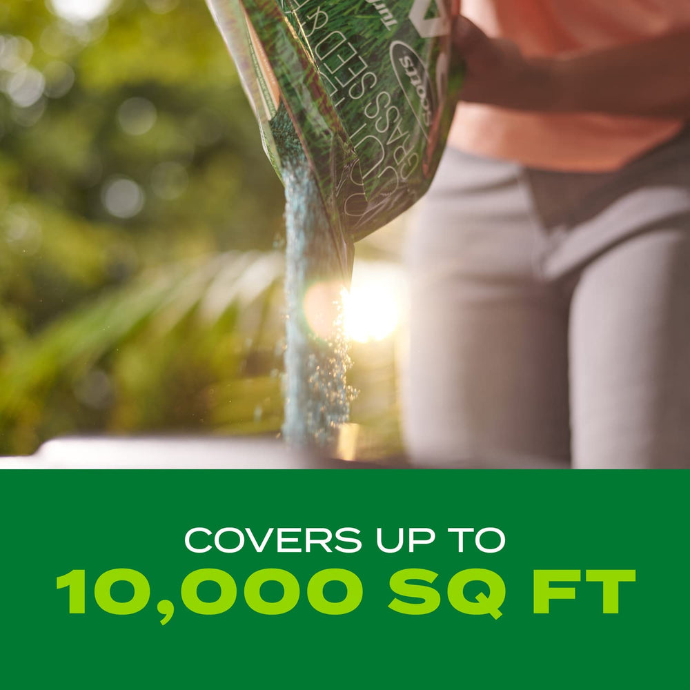 Scotts bag beside a shoe to show 8 lb bag size and practical coverage benefit