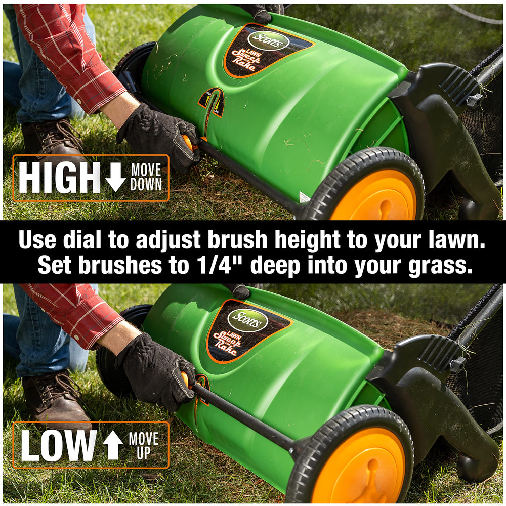 Scotts beside person for scale showing compact easy storage benefit
