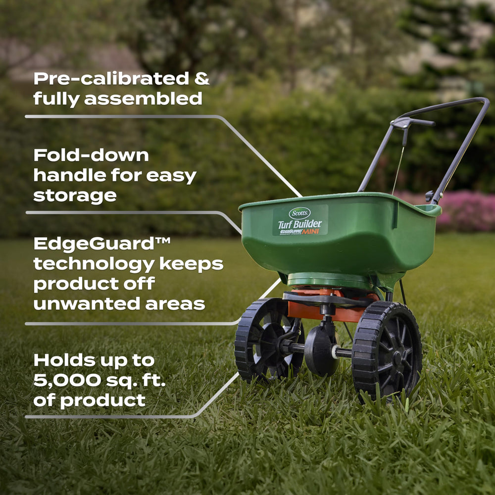 Scotts bundle size comparison with ruler showing compact spreader and storage-friendly benefit