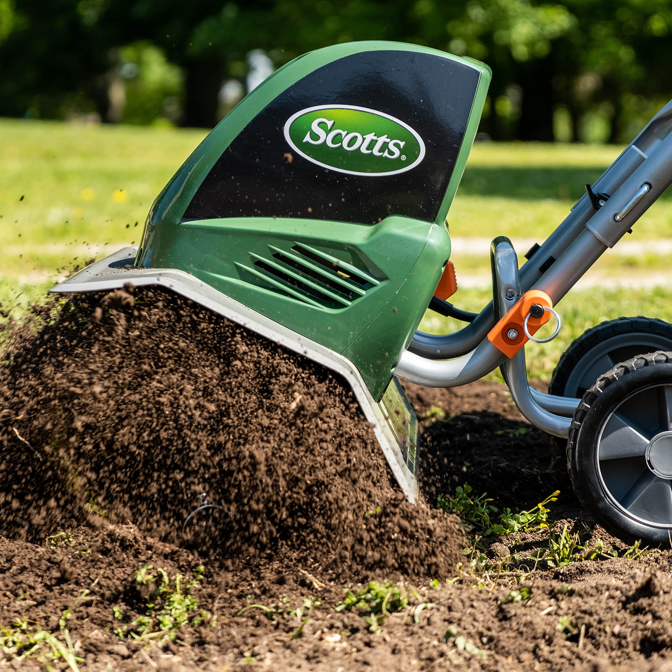 Scotts steel alloy tines detail showing durable construction for effective tilling