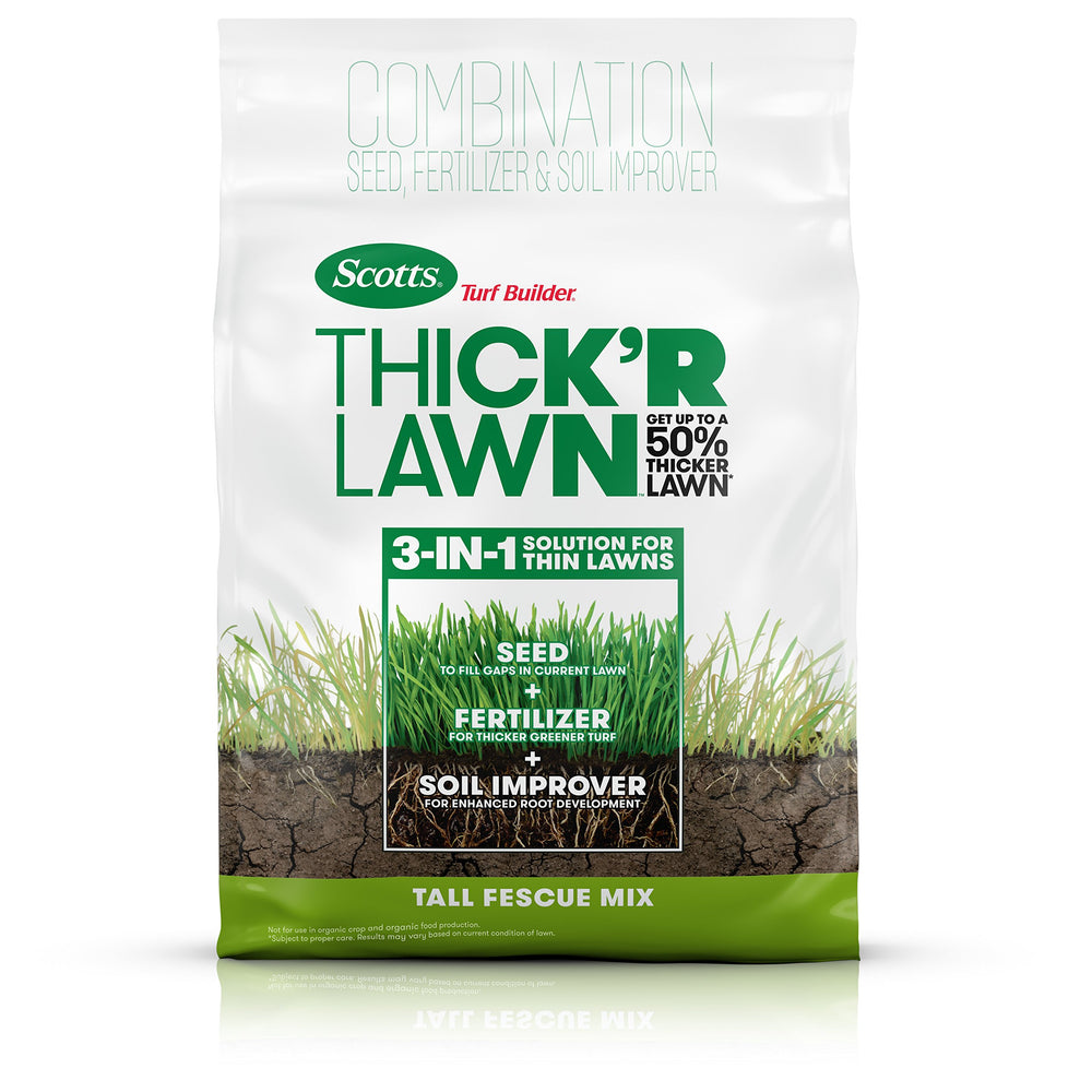 Scotts Thick'R Lawn front packaging showing product and coverage benefits