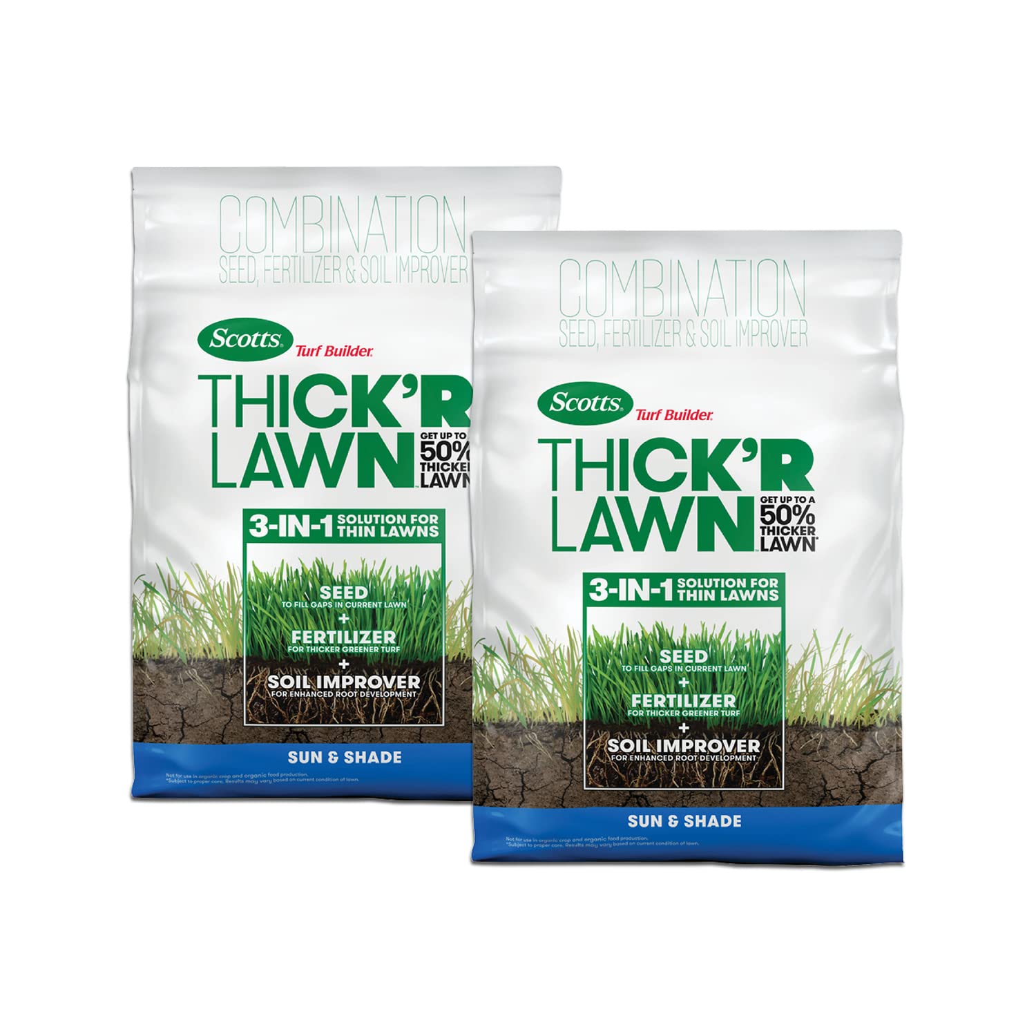 Scotts Thick'R Lawn front packaging showing product bundle and size benefit