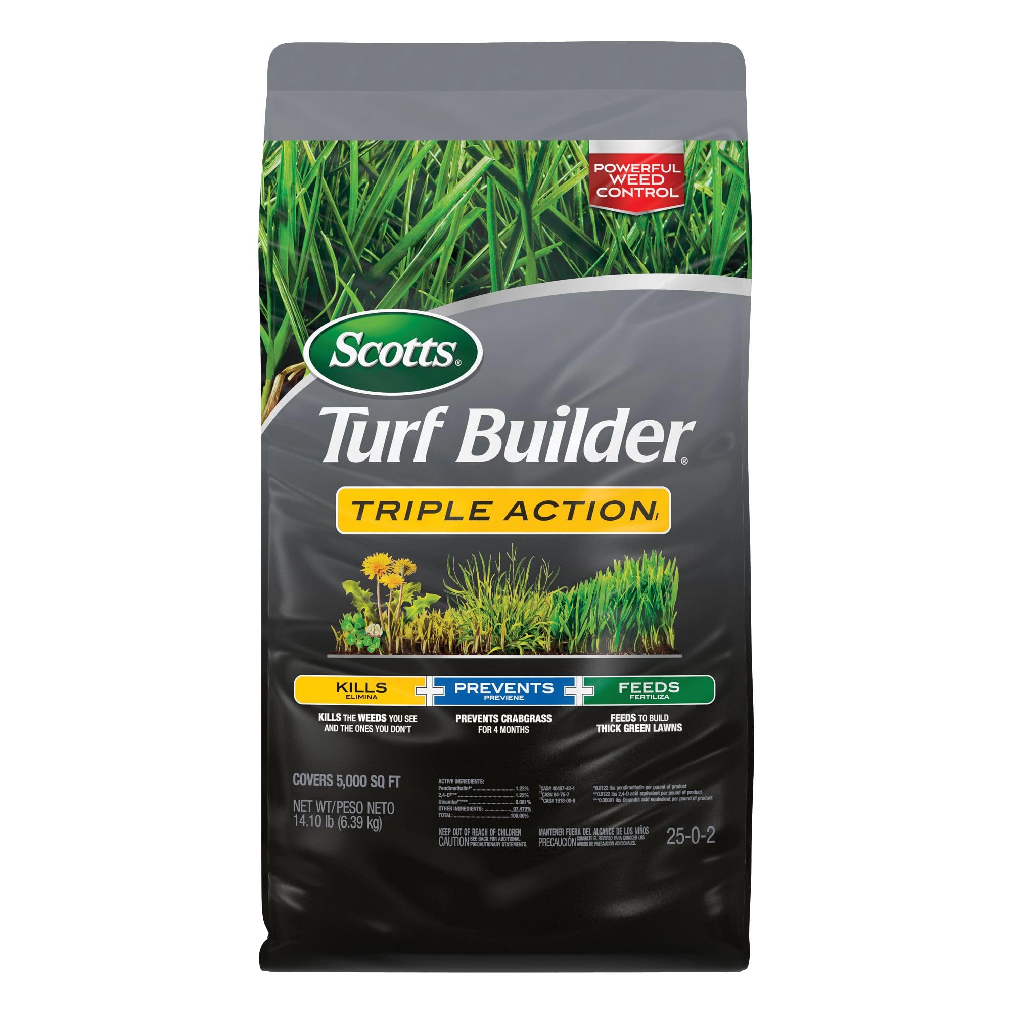 Scotts Triple Action front of bag showing product identity and coverage benefit
