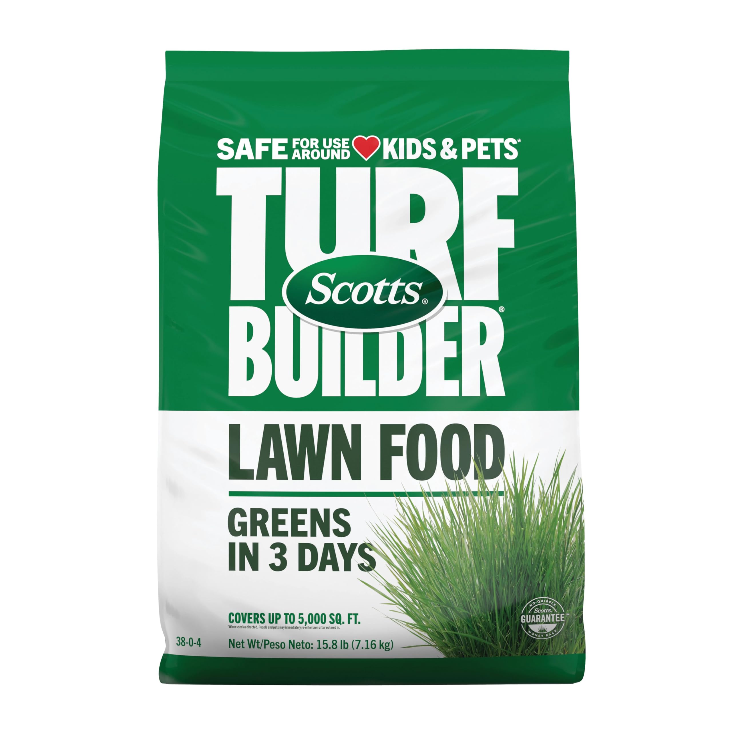 Scotts Turf Builder front bag showing branding and weight for quick identification and benefits