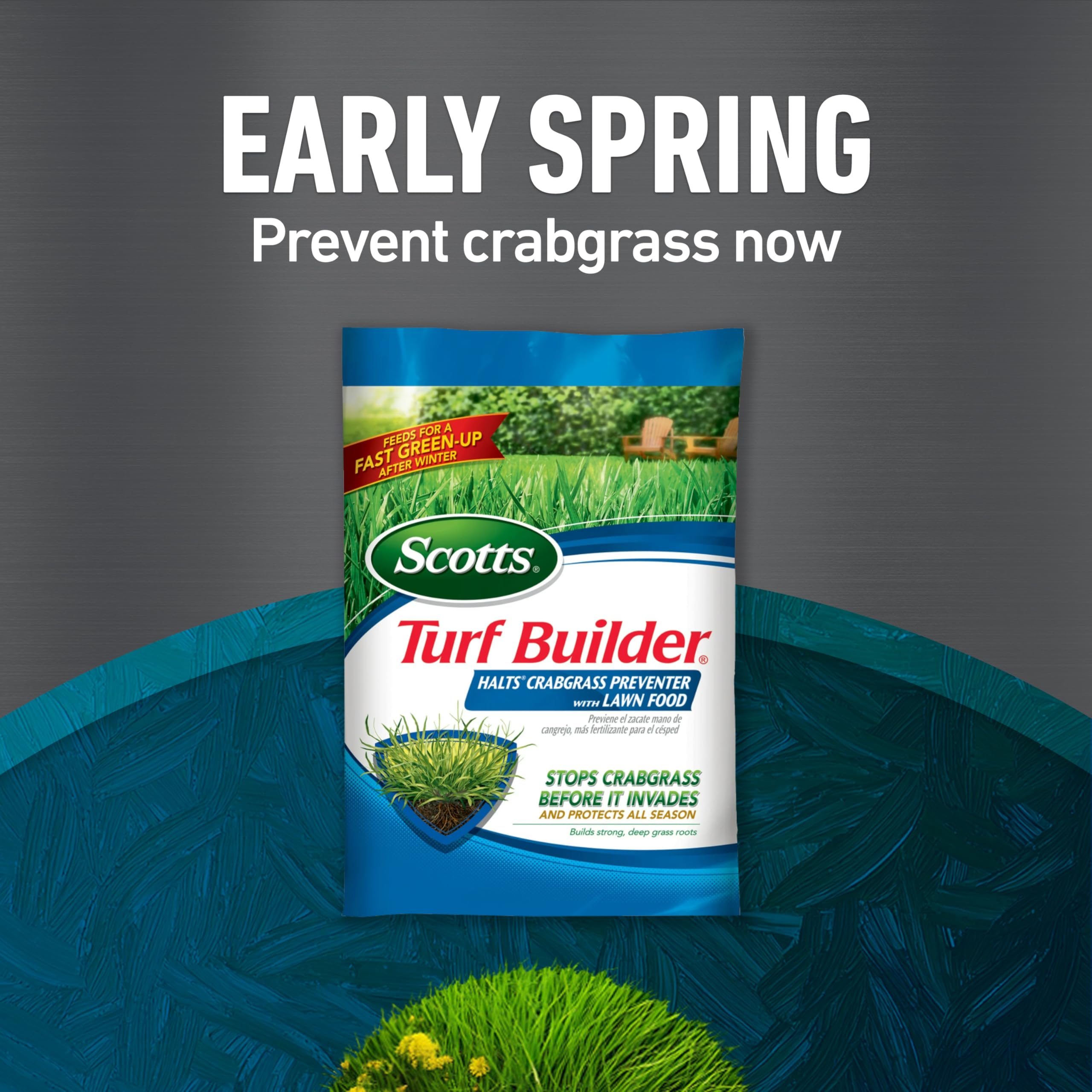 Scotts Weed & Feed bag detail illustrating weed-targeting formula and turf-feeding benefit