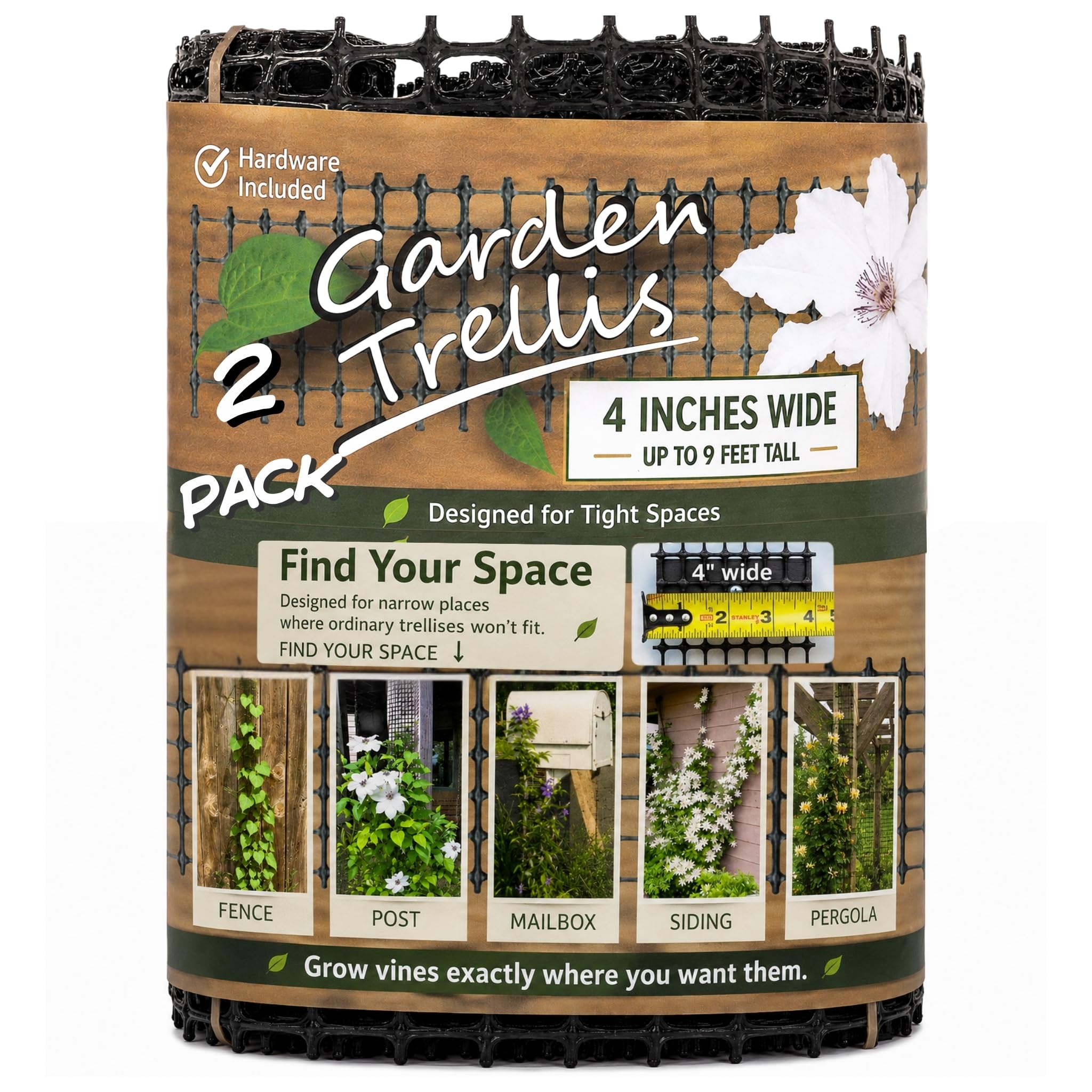 Scroll Trellis front view mounted on deck post showing neat plant support