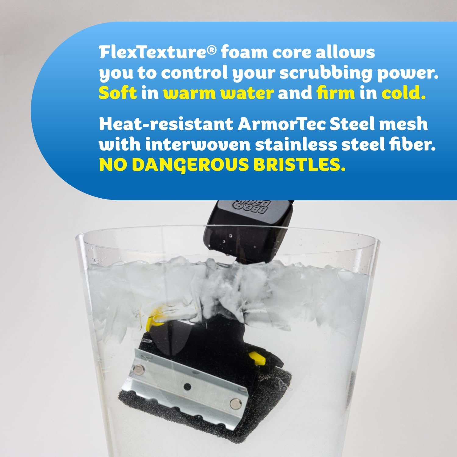 Scrub Daddy FlexTexture foam detail demonstrating temperature-activated cleaning control